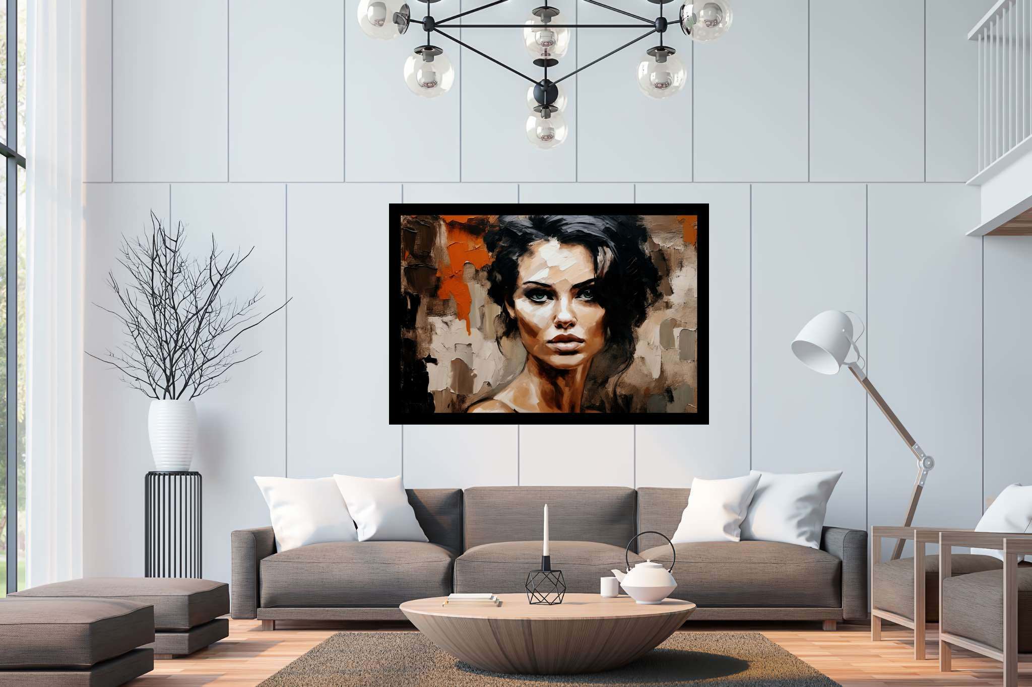 Emerald serenity gaze: Expressive portrait art with profound portraits, in a room with contemporary flair, framed art, and home styling items. The art can be printed on poster, framed poster, canvas, metal, acrylic or wood, exclusively at WallArtZen. Find this exact print at https://wallartzen.com/waz115