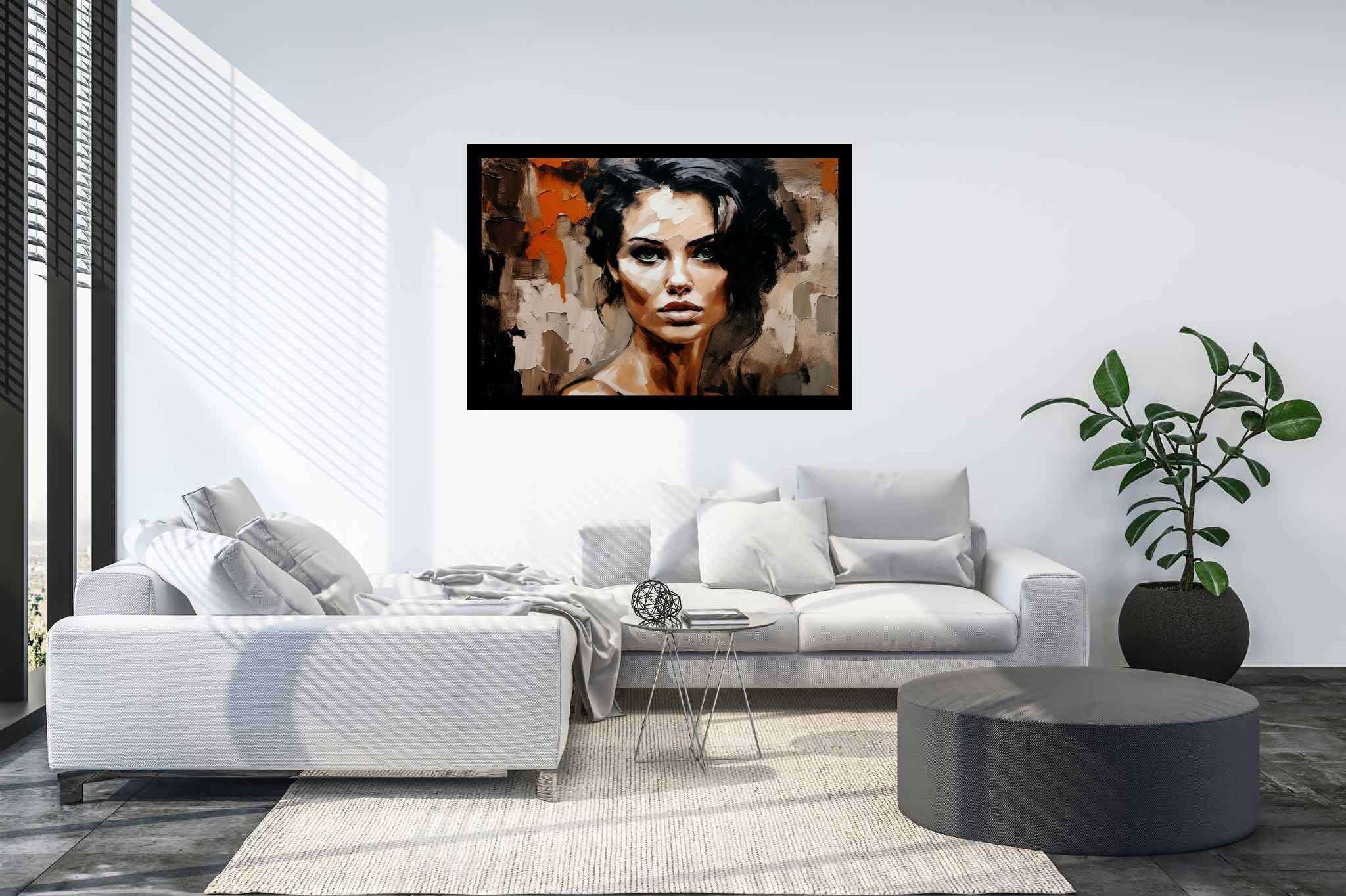 Emerald serenity gaze: Expressive portrait art with striking portraits, in a room with great design, mural artworks, and designer furniture. The art can be printed on poster, framed poster, canvas, metal, acrylic or wood, exclusively at WallArtZen. Find this exact print at https://wallartzen.com/waz115