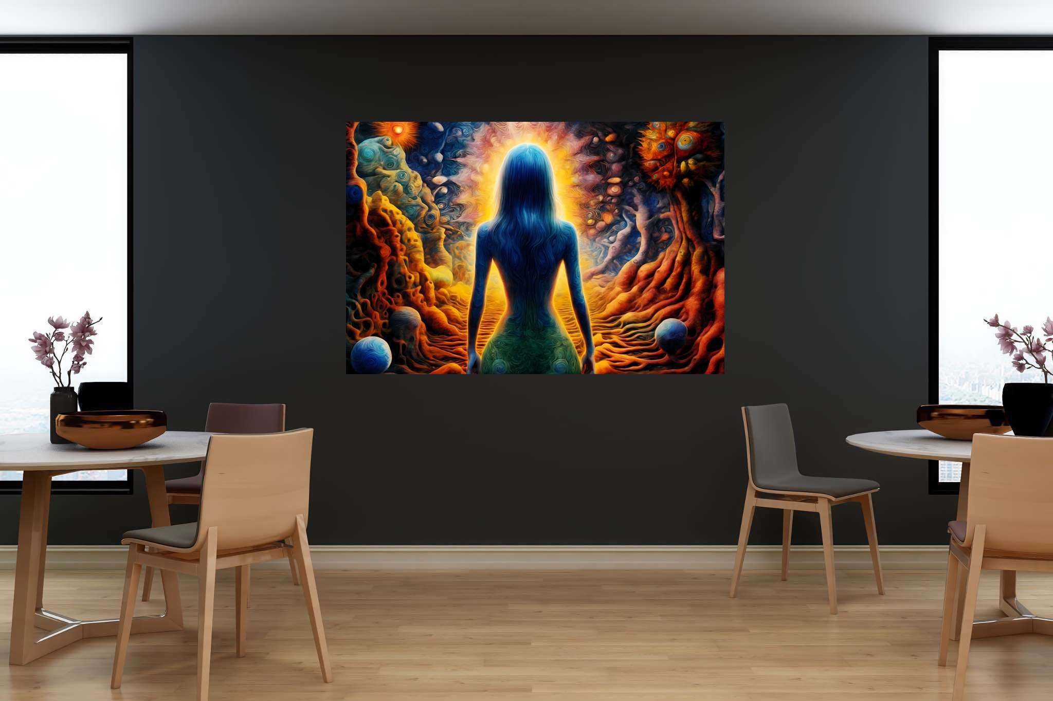 Celestial contemplation: Enchanting surreal art with mesmerizing surrealism, in a room with urban design, framed art, and artisan decor. The art can be printed on poster, framed poster, canvas, metal, acrylic or wood, exclusively at WallArtZen. Find this exact print at https://wallartzen.com/waz116