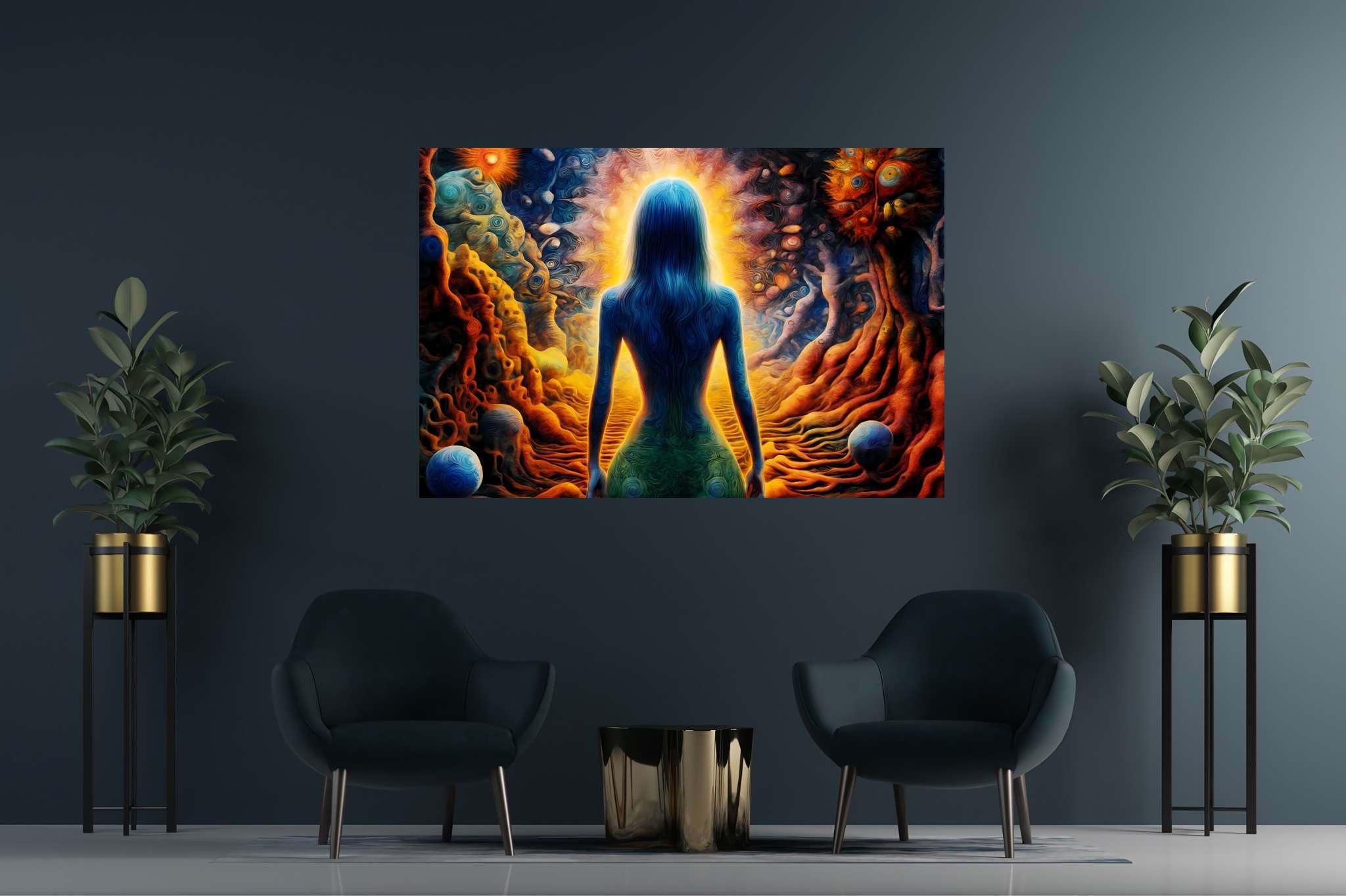 Celestial contemplation: Enchanting surreal art with mystical scenes, in a room with great design, abstract paintings, and interior decorations. The art can be printed on poster, framed poster, canvas, metal, acrylic or wood, exclusively at WallArtZen. Find this exact print at https://wallartzen.com/waz116