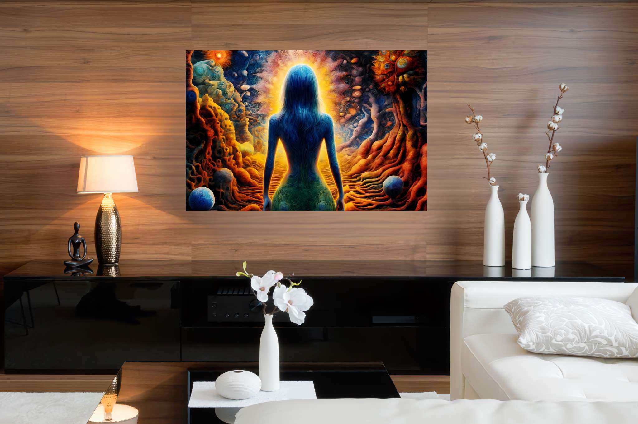 Celestial contemplation: Enchanting surreal art with whimsical visuals, in a room with artistic style, wall hangings, and stylish accessories. The art can be printed on poster, framed poster, canvas, metal, acrylic or wood, exclusively at WallArtZen. Find this exact print at https://wallartzen.com/waz116