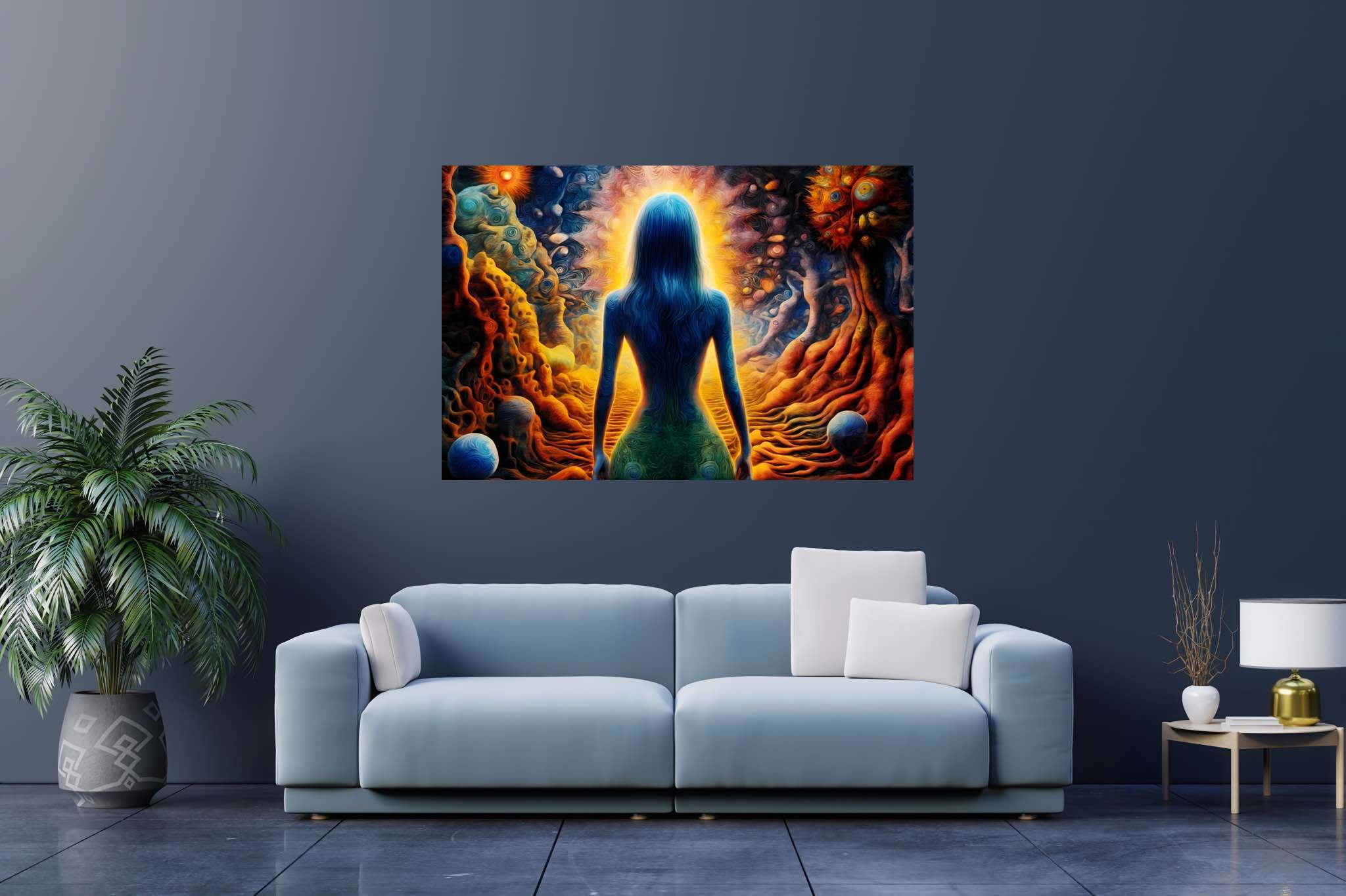 Celestial contemplation: Enchanting surreal art with surrealistic landscapes, in a room with great design, digital art pieces, and luxe decor. The art can be printed on poster, framed poster, canvas, metal, acrylic or wood, exclusively at WallArtZen. Find this exact print at https://wallartzen.com/waz116