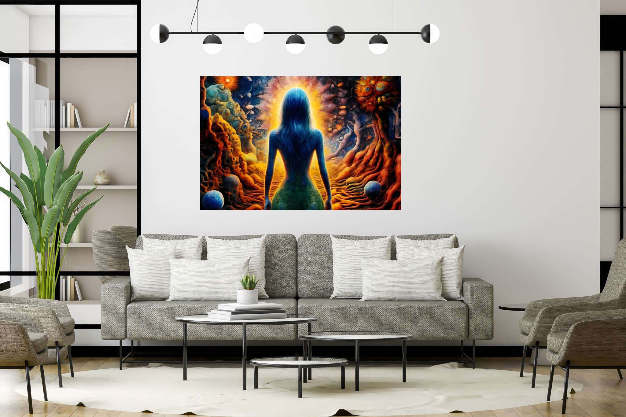 Celestial contemplation: Enchanting surreal art with dreamlike paintings, in a room with contemporary flair, framed art, and artisan decor. The art can be printed on poster, framed poster, canvas, metal, acrylic or wood, exclusively at WallArtZen. Find this exact print at https://wallartzen.com/waz116