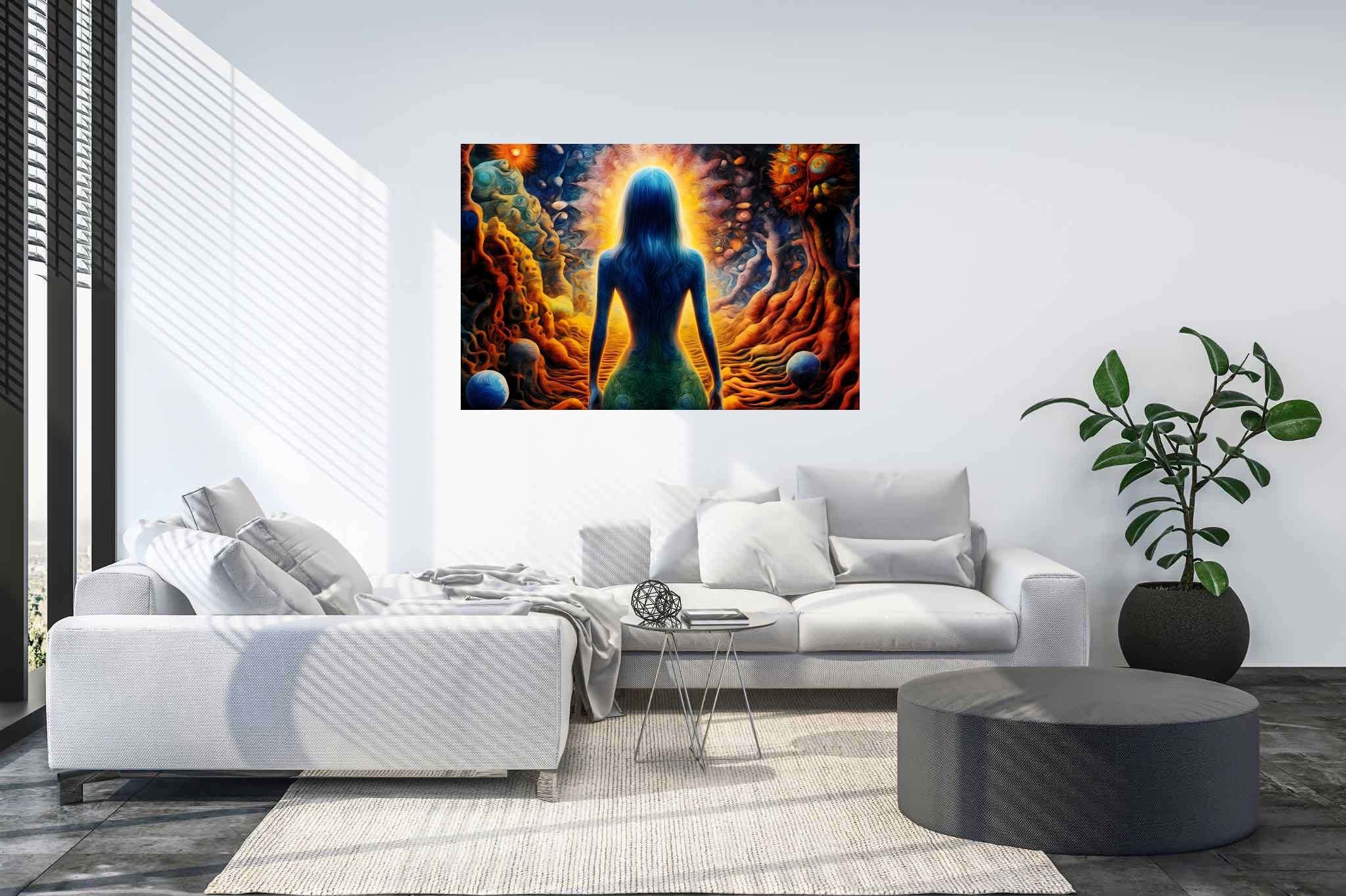 Celestial contemplation: Enchanting surreal art with imaginative artwork, in a room with classic elegance, canvas prints, and home styling items. The art can be printed on poster, framed poster, canvas, metal, acrylic or wood, exclusively at WallArtZen. Find this exact print at https://wallartzen.com/waz116