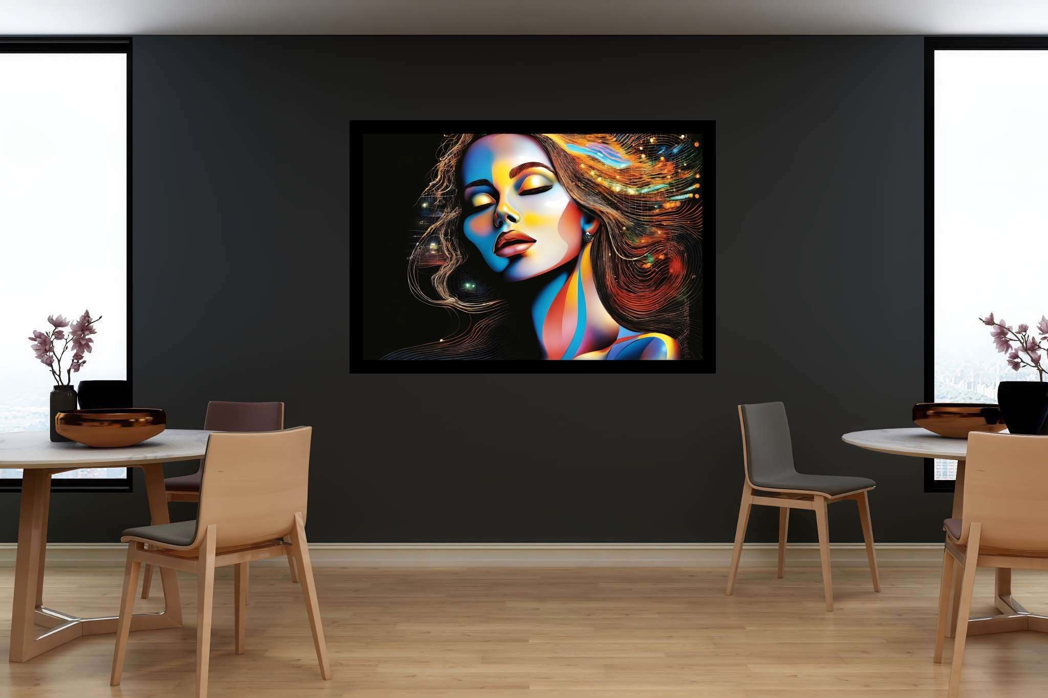 Slumbering sylph's reverie: Dreamy woman art with surrealistic artwork, in a room with innovative layout, abstract paintings, and luxe decor. The art can be printed on poster, framed poster, canvas, metal, acrylic or wood, exclusively at WallArtZen. Find this exact print at https://wallartzen.com/waz117