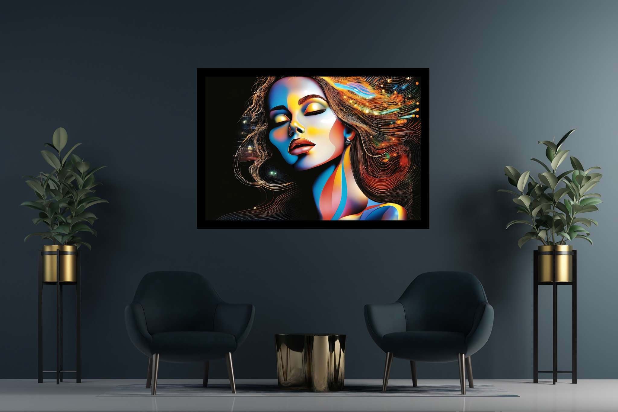 Slumbering sylph's reverie: Dreamy woman art with otherworldly female depictions, in a room with classic elegance, wall hangings, and decorative pieces. The art can be printed on poster, framed poster, canvas, metal, acrylic or wood, exclusively at WallArtZen. Find this exact print at https://wallartzen.com/waz117