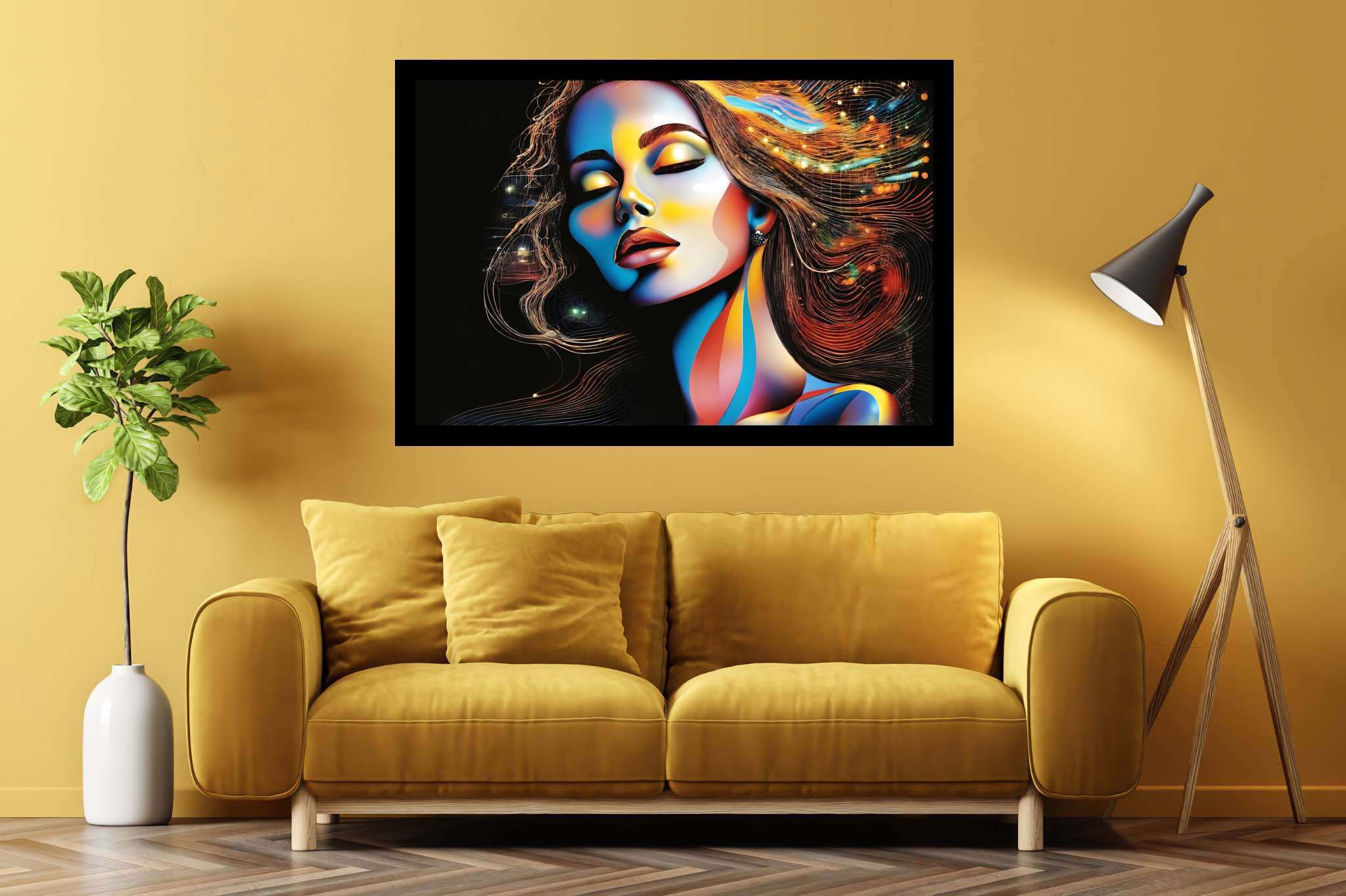Slumbering sylph's reverie: Dreamy woman art with dreamy woman art, in a room with chic decor, framed art, and trendy home accents. The art can be printed on poster, framed poster, canvas, metal, acrylic or wood, exclusively at WallArtZen. Find this exact print at https://wallartzen.com/waz117