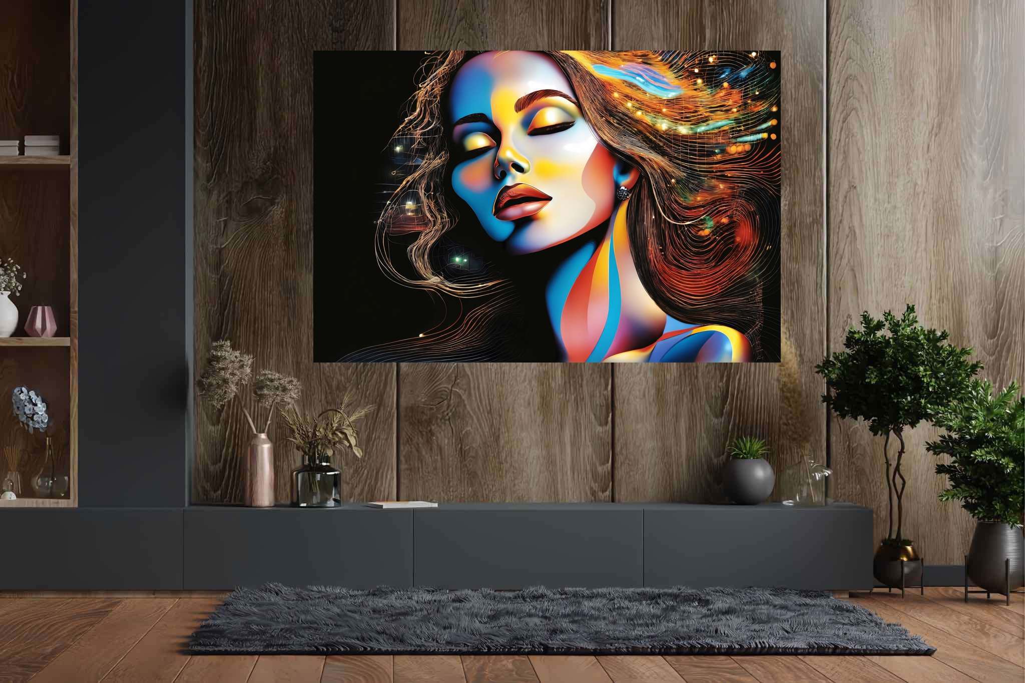 Slumbering sylph's reverie: Dreamy woman art with whimsical dreamscapes, in a room with urban design, fine art prints, and home styling items. The art can be printed on poster, framed poster, canvas, metal, acrylic or wood, exclusively at WallArtZen. Find this exact print at https://wallartzen.com/waz117