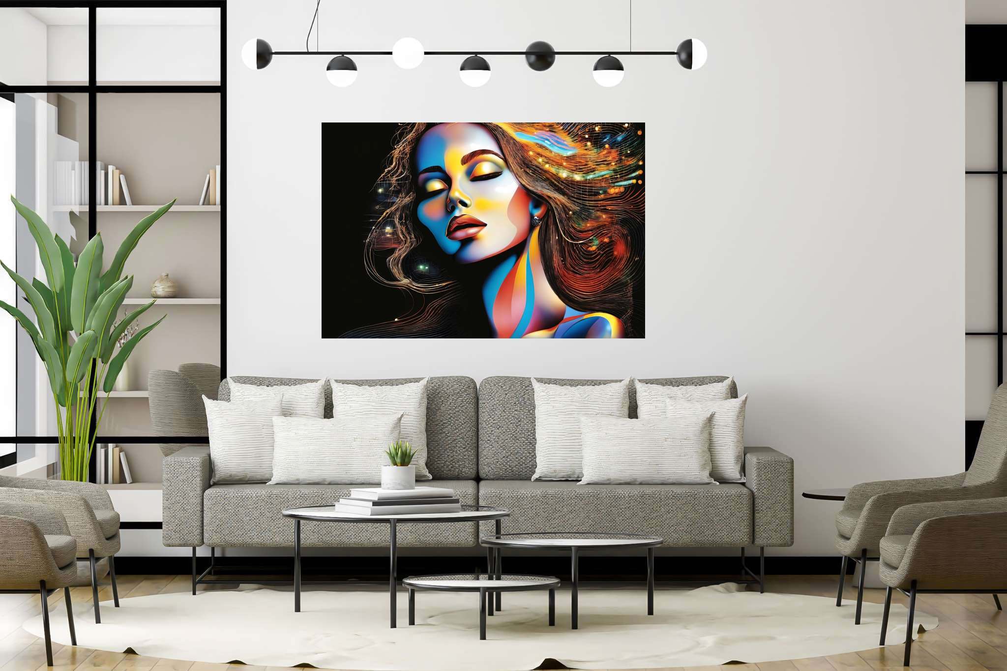 Slumbering sylph's reverie: Dreamy woman art with enchanting lady paintings, in a room with modern style, framed art, and trendy home accents. The art can be printed on poster, framed poster, canvas, metal, acrylic or wood, exclusively at WallArtZen. Find this exact print at https://wallartzen.com/waz117