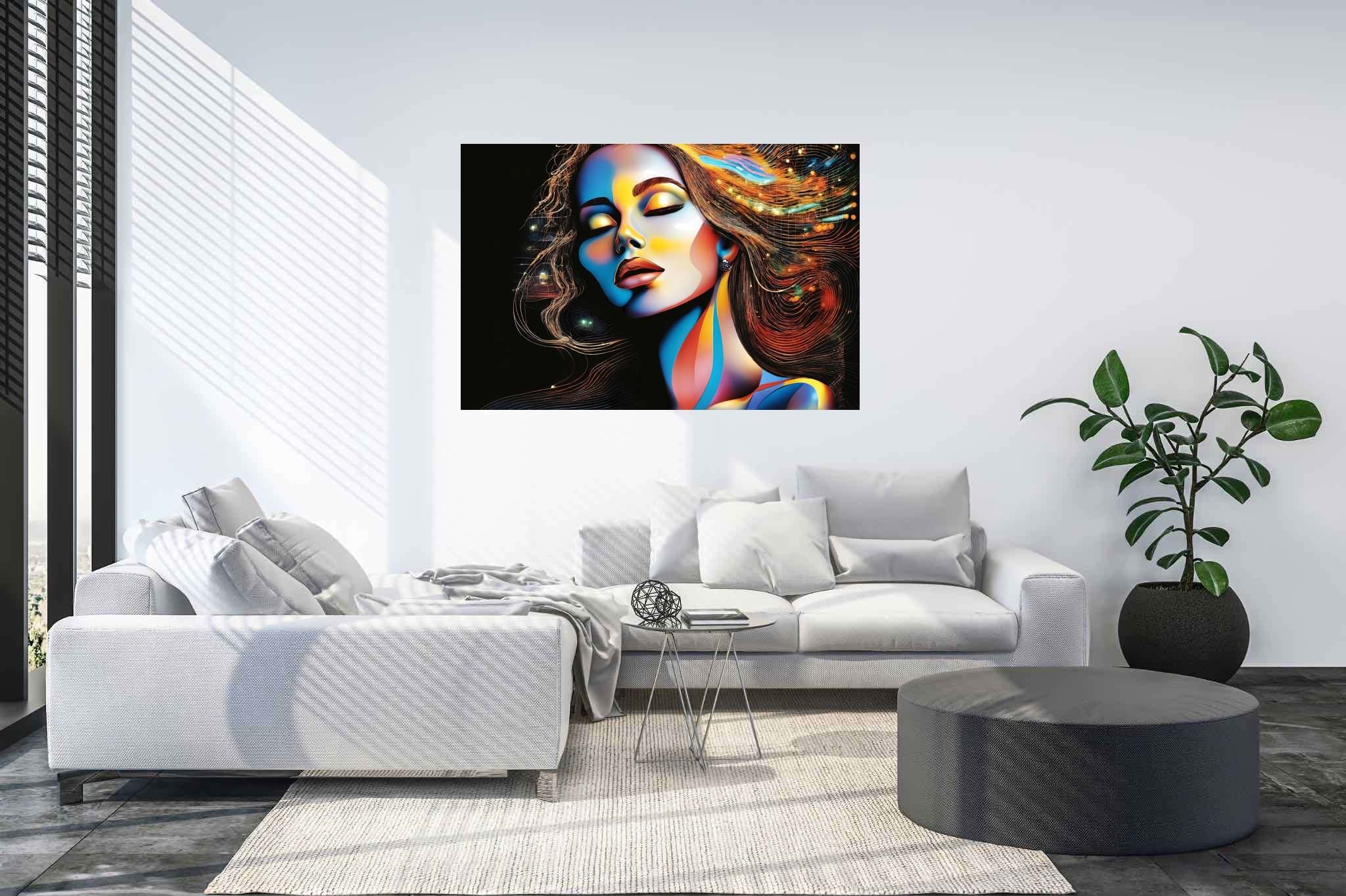 Slumbering sylph's reverie: Dreamy woman art with transcendent artwork, in a room with minimalist approach, photographic wall art, and artisan decor. The art can be printed on poster, framed poster, canvas, metal, acrylic or wood, exclusively at WallArtZen. Find this exact print at https://wallartzen.com/waz117