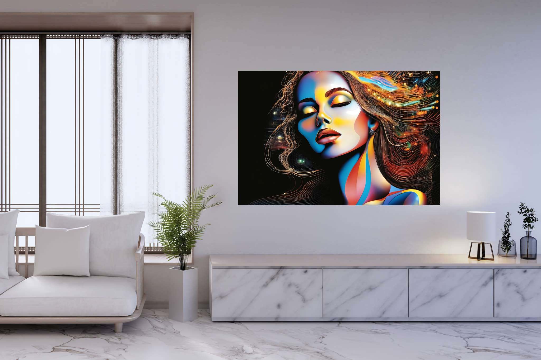 Slumbering sylph's reverie: Dreamy woman art with celestial artistry, in a room with classic elegance, digital art pieces, and interior decorations. The art can be printed on poster, framed poster, canvas, metal, acrylic or wood, exclusively at WallArtZen. Find this exact print at https://wallartzen.com/waz117