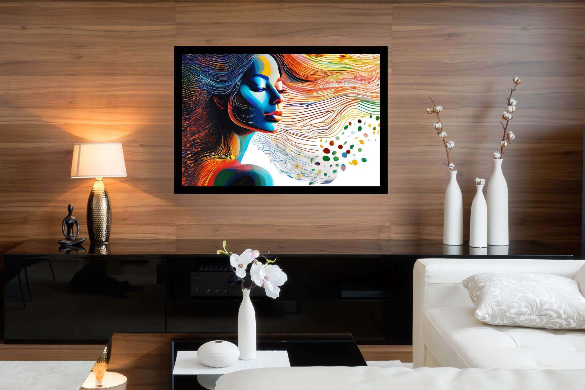 Dreamscape reverie: Surreal art with abstract surrealism, in a room with modern style, framed art, and luxe decor. The art can be printed on poster, framed poster, canvas, metal, acrylic or wood, exclusively at WallArtZen. Find this exact print at https://wallartzen.com/waz118