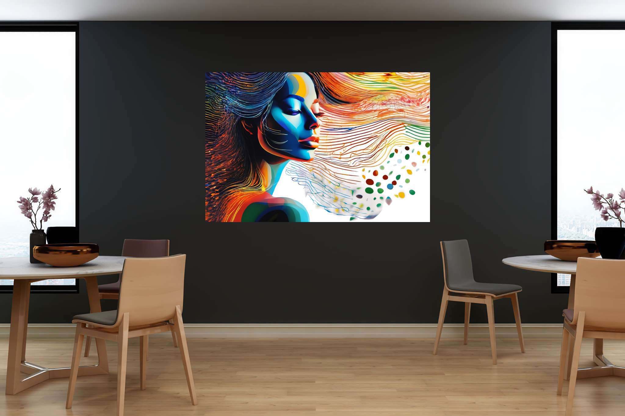 Dreamscape reverie: Surreal art with otherworldly paintings, in a room with minimalist approach, fine art prints, and home styling items. The art can be printed on poster, framed poster, canvas, metal, acrylic or wood, exclusively at WallArtZen. Find this exact print at https://wallartzen.com/waz118