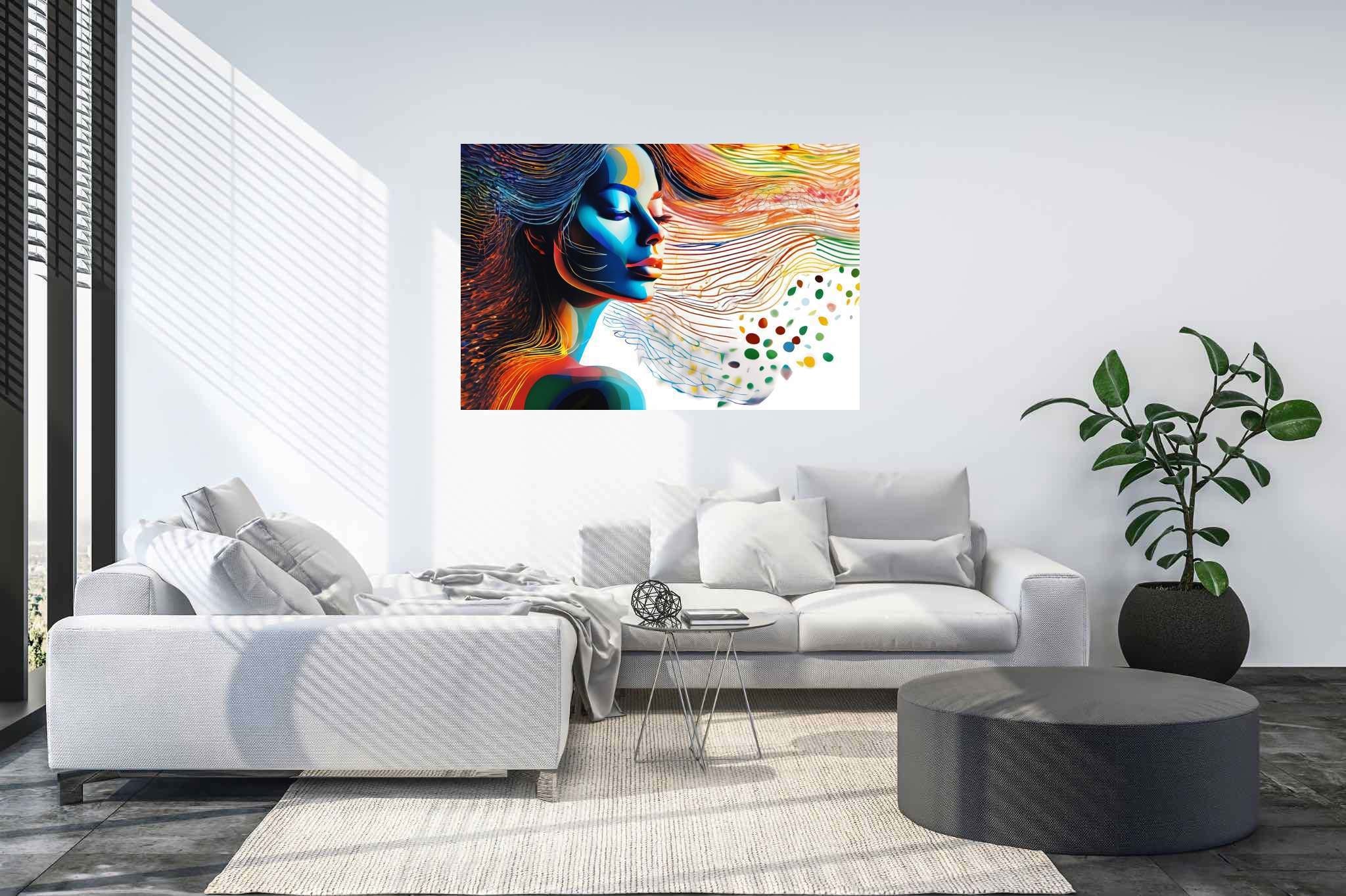Dreamscape reverie: Surreal art with abstract surrealism, in a room with minimalist approach, mural artworks, and luxe decor. The art can be printed on poster, framed poster, canvas, metal, acrylic or wood, exclusively at WallArtZen. Find this exact print at https://wallartzen.com/waz118