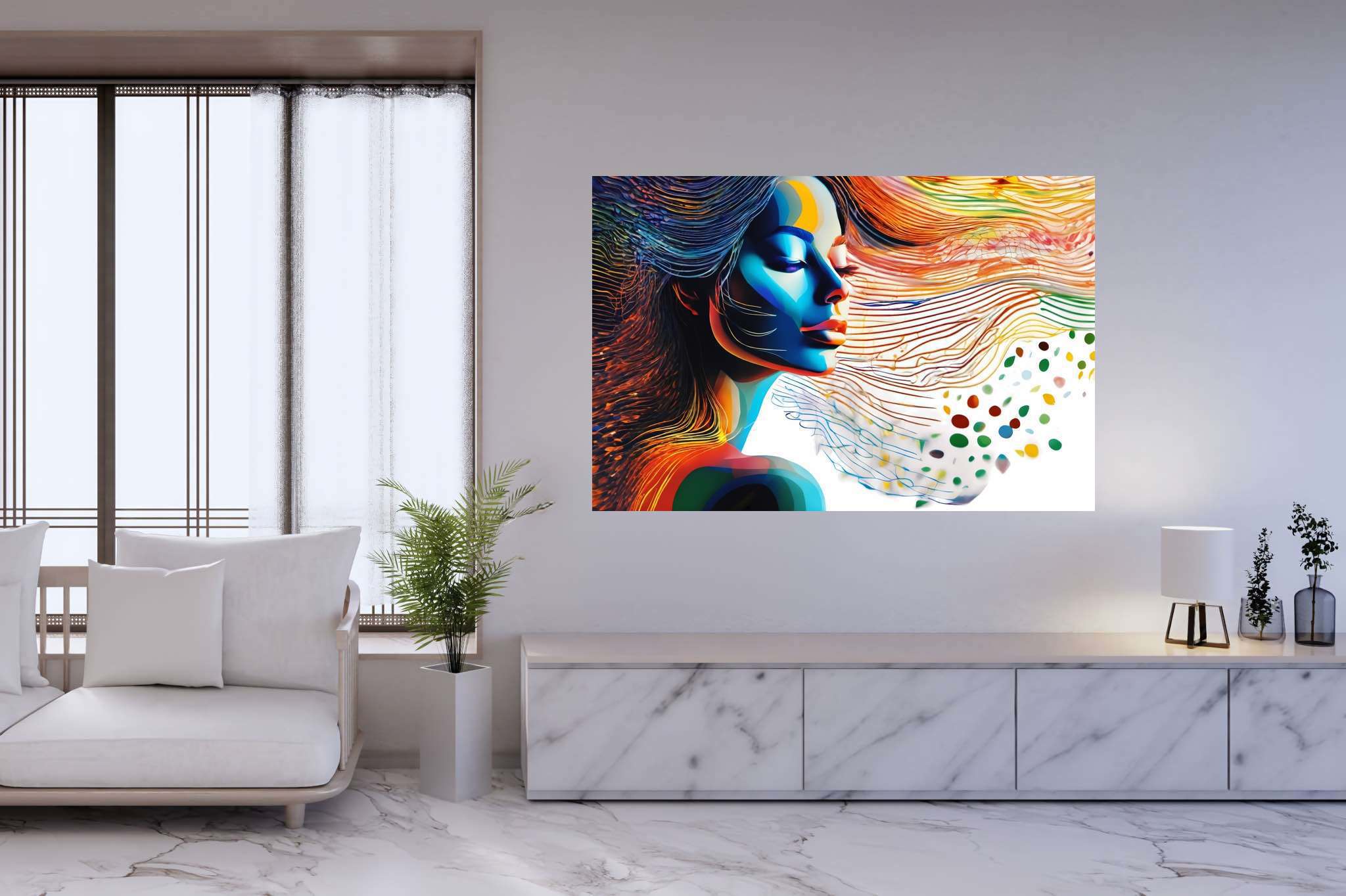 Dreamscape reverie: Surreal art with dreamlike paintings, in a room with urban design, gallery-quality artwork, and stylish accessories. The art can be printed on poster, framed poster, canvas, metal, acrylic or wood, exclusively at WallArtZen. Find this exact print at https://wallartzen.com/waz118