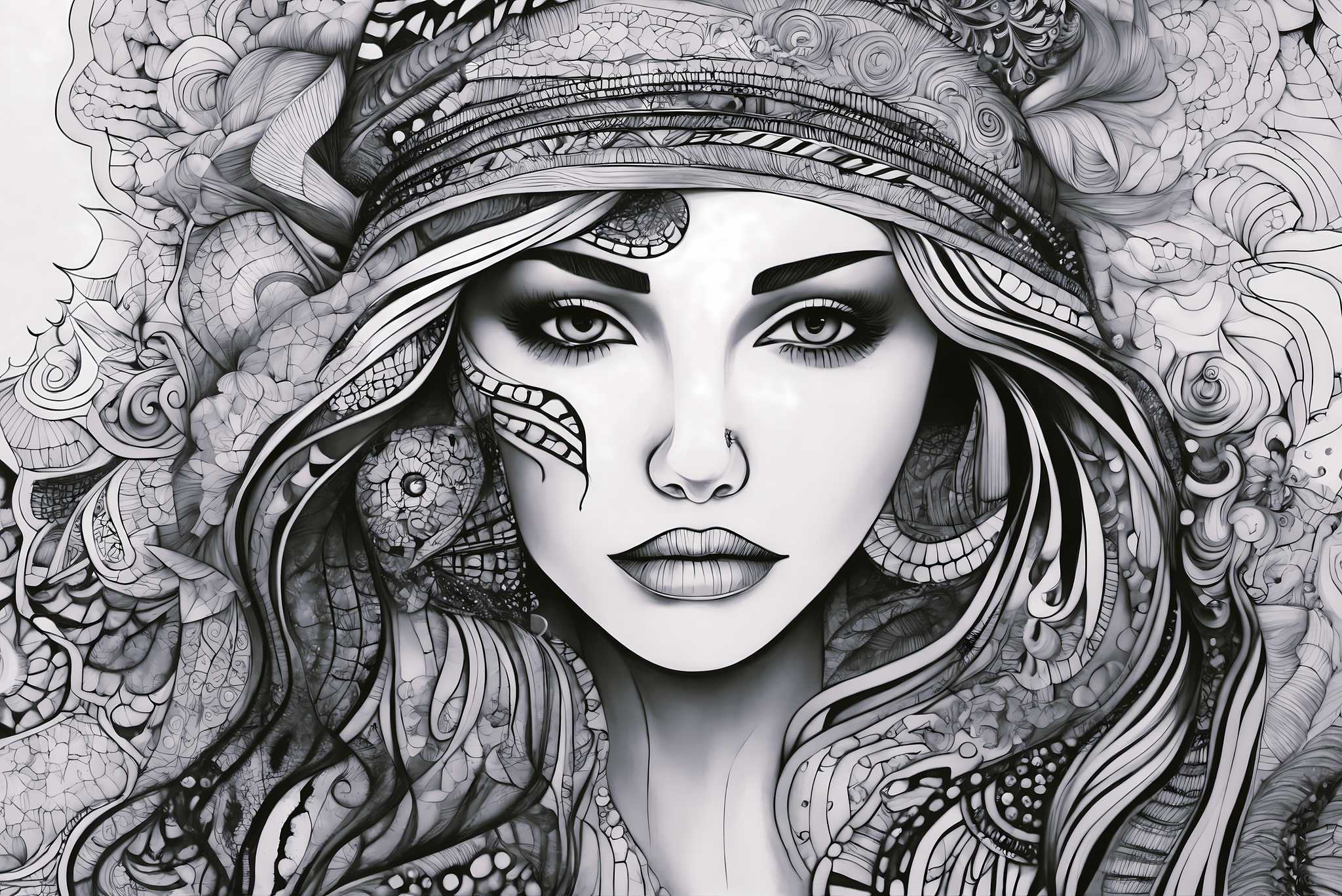 Elegance enigma: Intricate portrait art with intricate artistry, in a room with great design, bespoke art designs, and home styling items. The art can be printed on poster, framed poster, canvas, metal, acrylic or wood, exclusively at WallArtZen. Find this exact print at https://wallartzen.com/waz119