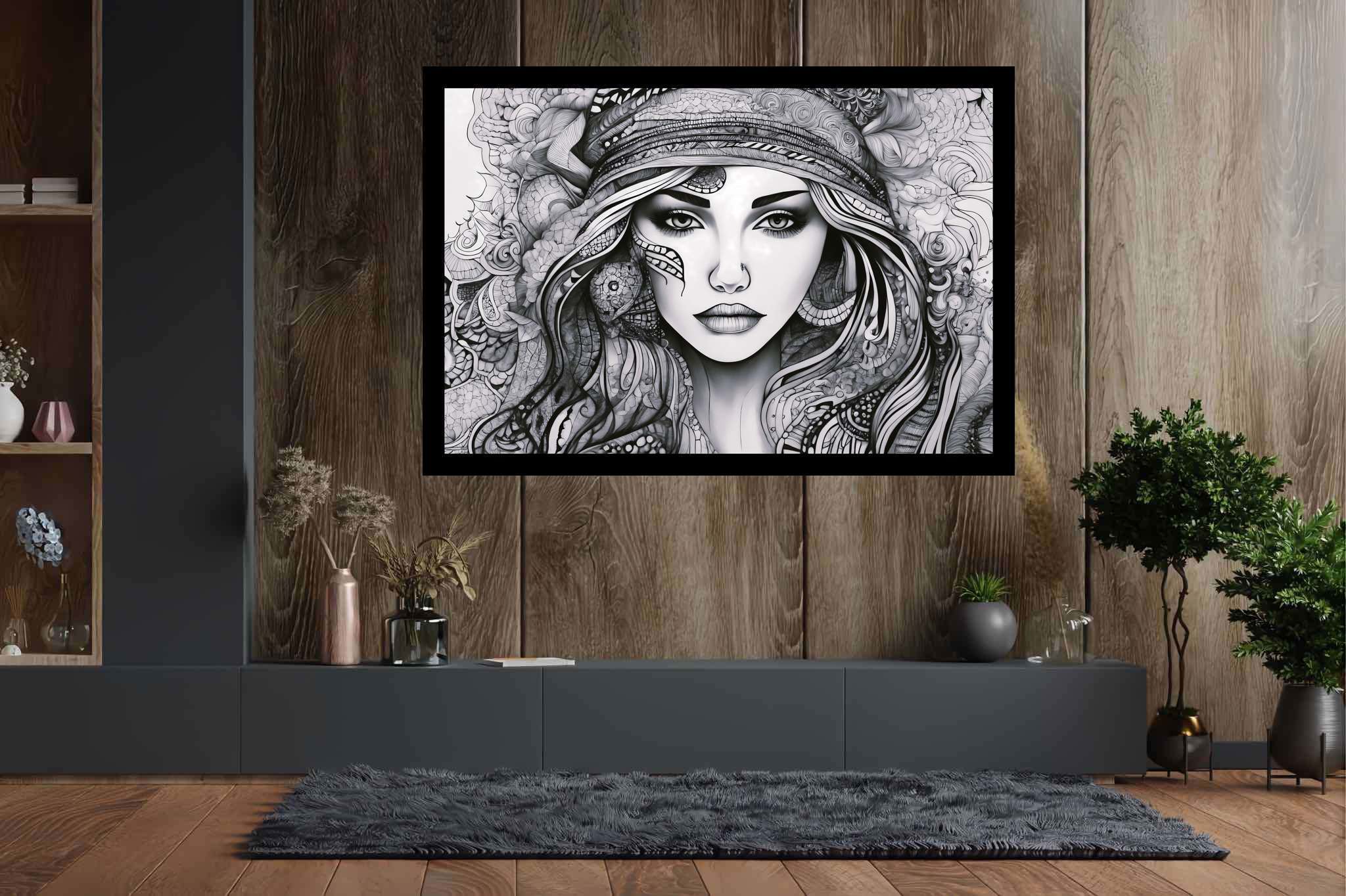 Elegance enigma: Intricate portrait art with intricate artistry, in a room with chic decor, wall hangings, and elegant home goods. The art can be printed on poster, framed poster, canvas, metal, acrylic or wood, exclusively at WallArtZen. Find this exact print at https://wallartzen.com/waz119