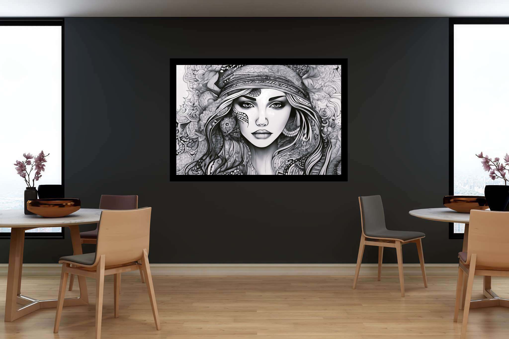 Elegance enigma: Intricate portrait art with detailed artwork, in a room with modern style, wall hangings, and artisan decor. The art can be printed on poster, framed poster, canvas, metal, acrylic or wood, exclusively at WallArtZen. Find this exact print at https://wallartzen.com/waz119