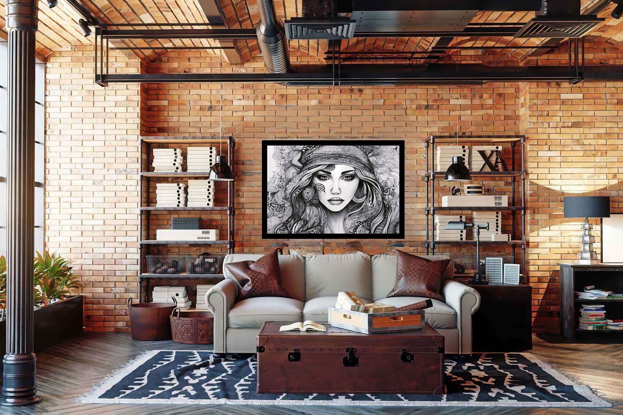 Elegance enigma: Intricate portrait art with intricate illustrations, in a room with innovative layout, mural artworks, and trendy home accents. The art can be printed on poster, framed poster, canvas, metal, acrylic or wood, exclusively at WallArtZen. Find this exact print at https://wallartzen.com/waz119