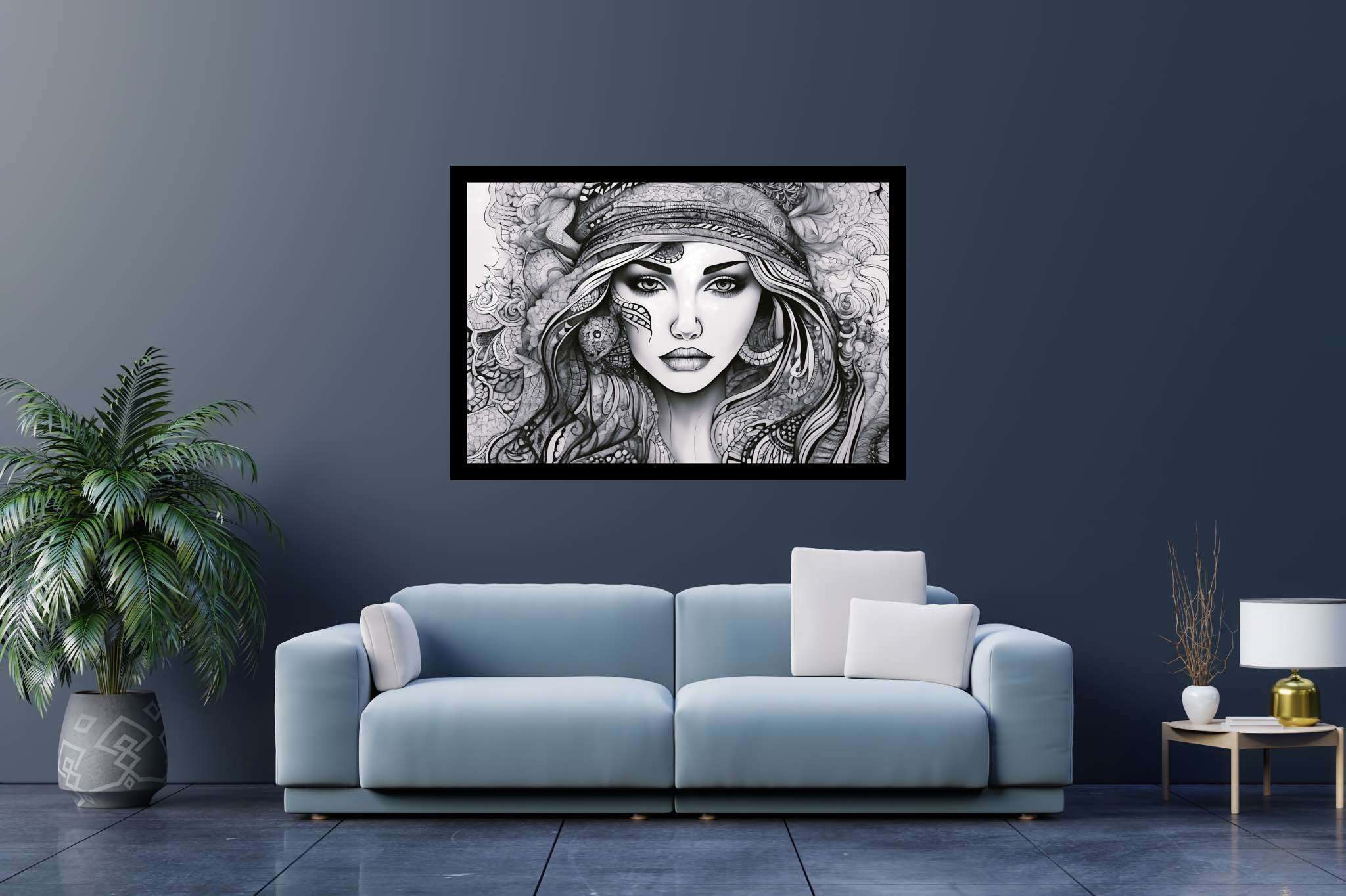 Elegance enigma: Intricate portrait art with detailed portraits, in a room with urban design, canvas prints, and designer furniture. The art can be printed on poster, framed poster, canvas, metal, acrylic or wood, exclusively at WallArtZen. Find this exact print at https://wallartzen.com/waz119