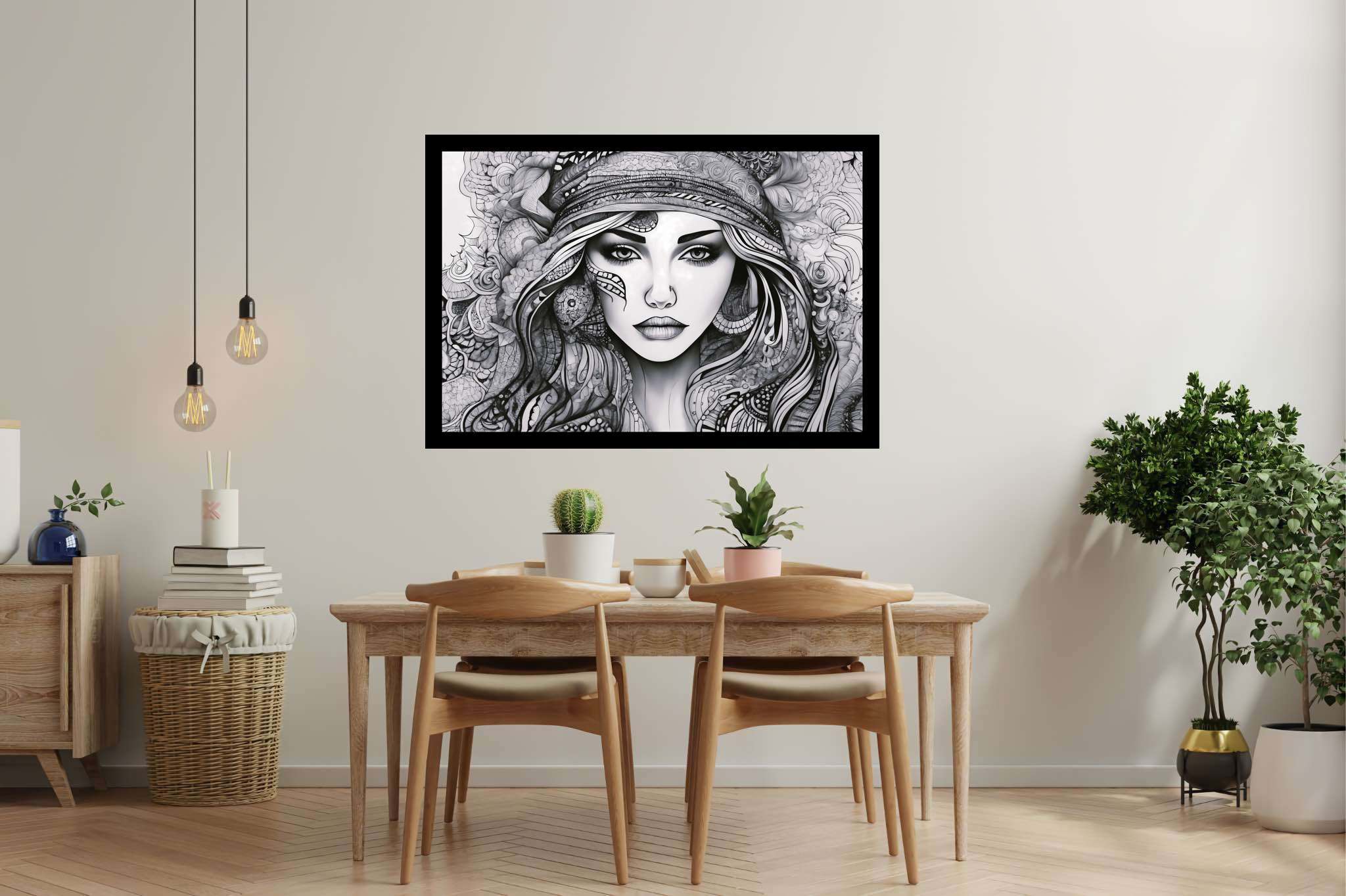 Elegance enigma: Intricate portrait art with intricate artwork, in a room with artistic style, fine art prints, and elegant home goods. The art can be printed on poster, framed poster, canvas, metal, acrylic or wood, exclusively at WallArtZen. Find this exact print at https://wallartzen.com/waz119