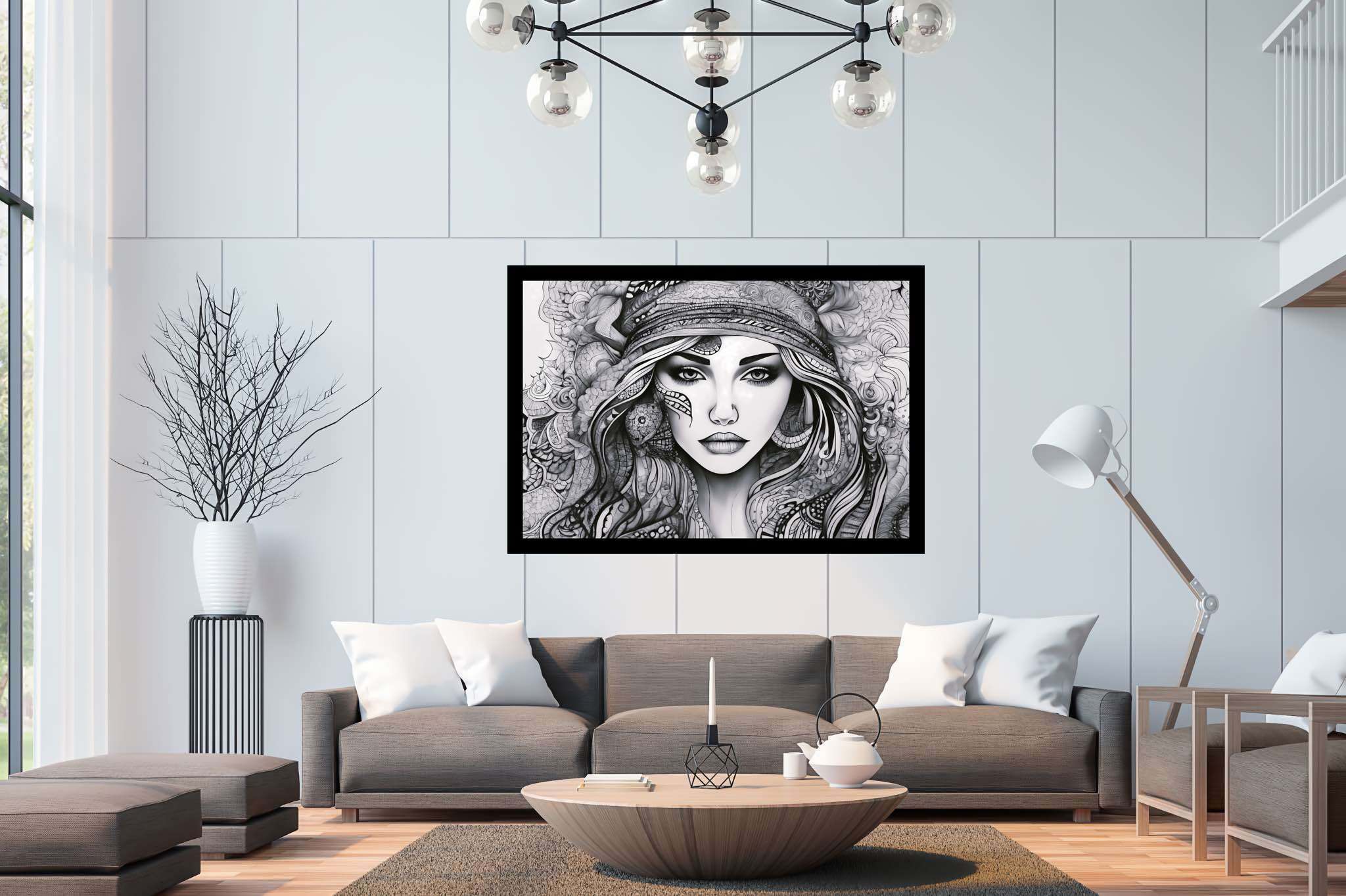 Elegance enigma: Intricate portrait art with elaborate artwork, in a room with elegant layout, fine art prints, and home furnishings. The art can be printed on poster, framed poster, canvas, metal, acrylic or wood, exclusively at WallArtZen. Find this exact print at https://wallartzen.com/waz119