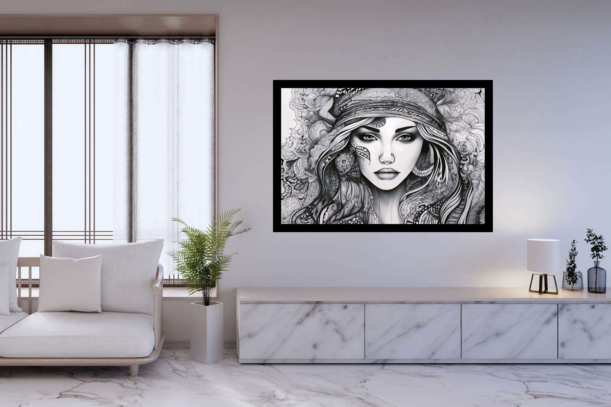 Elegance enigma: Intricate portrait art with detailed artistry, in a room with classic elegance, wall art, and trendy home accents. The art can be printed on poster, framed poster, canvas, metal, acrylic or wood, exclusively at WallArtZen. Find this exact print at https://wallartzen.com/waz119