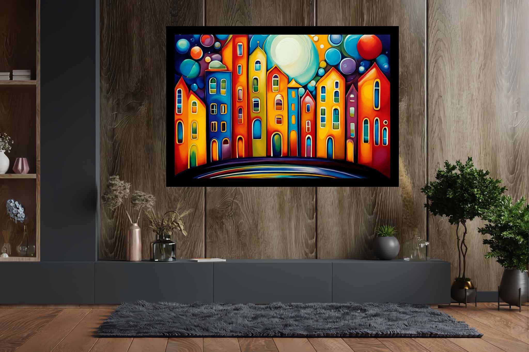 Moonlit metropolis dreams: Cityscape art with modern cityscape, in a room with urban design, abstract paintings, and home styling items. The art can be printed on poster, framed poster, canvas, metal, acrylic or wood, exclusively at WallArtZen. Find this exact print at https://wallartzen.com/waz11