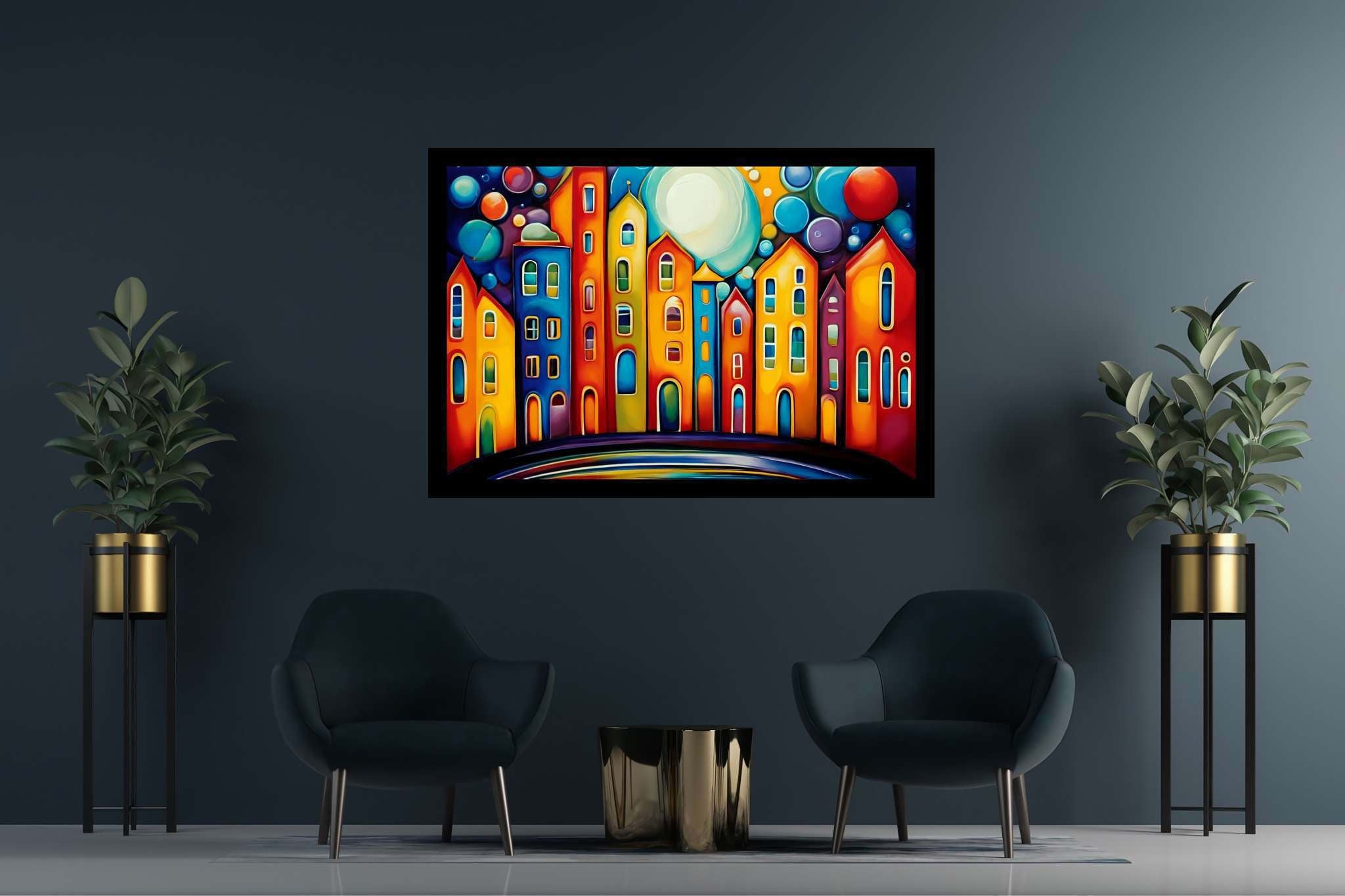 Moonlit metropolis dreams: Cityscape art with street art, in a room with great design, wall art, and artisan decor. The art can be printed on poster, framed poster, canvas, metal, acrylic or wood, exclusively at WallArtZen. Find this exact print at https://wallartzen.com/waz11