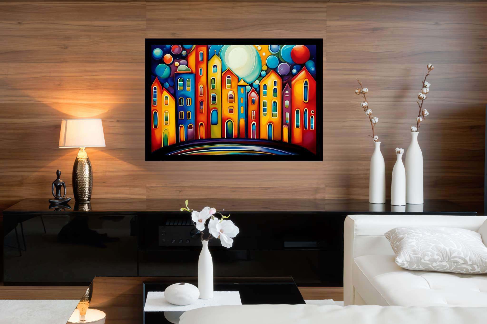 Moonlit metropolis dreams: Cityscape art with cityscape art, in a room with minimalist approach, abstract paintings, and artisan decor. The art can be printed on poster, framed poster, canvas, metal, acrylic or wood, exclusively at WallArtZen. Find this exact print at https://wallartzen.com/waz11
