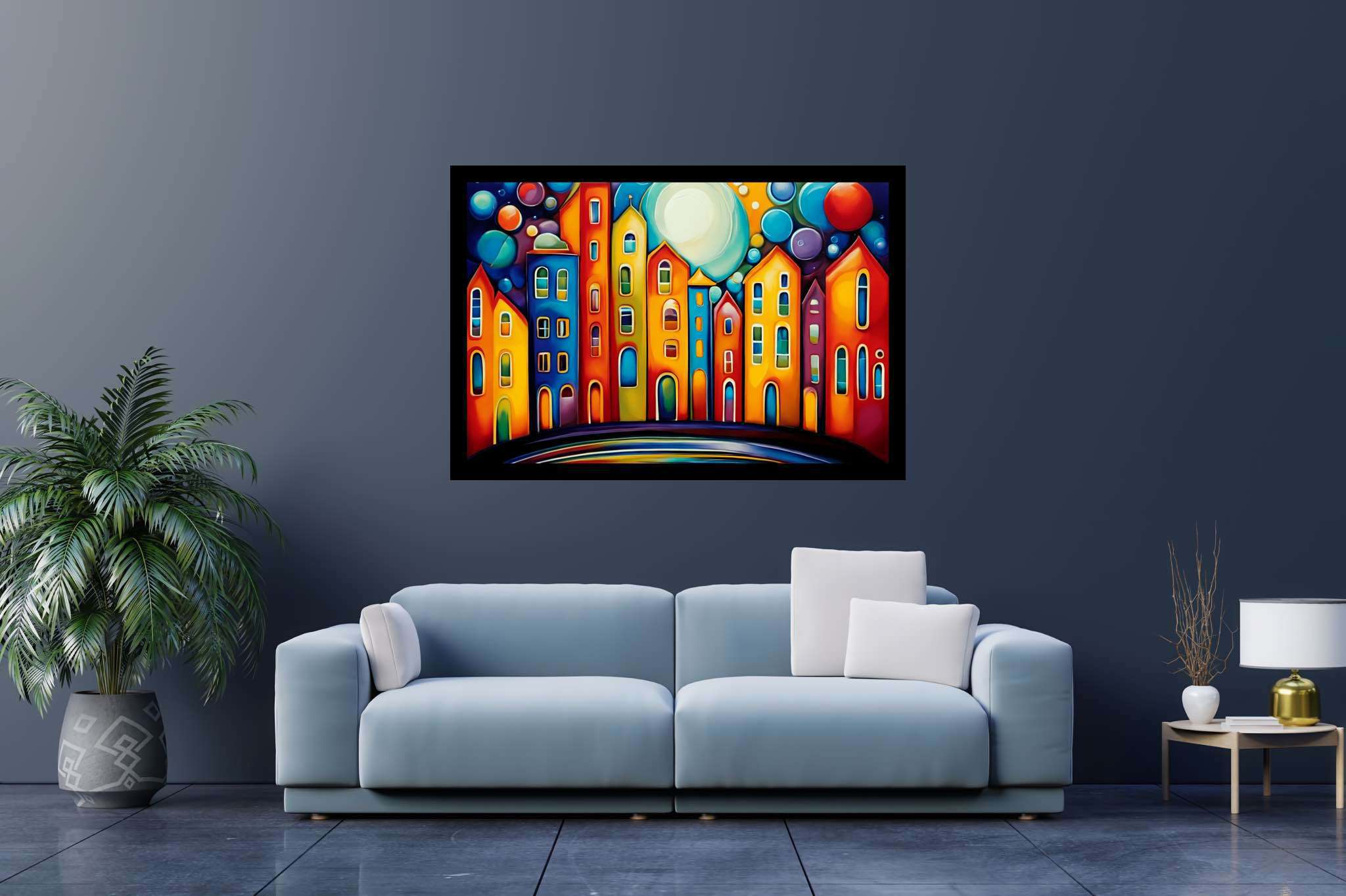 Moonlit metropolis dreams: Cityscape art with modern cityscape, in a room with modern style, wall art, and designer furniture. The art can be printed on poster, framed poster, canvas, metal, acrylic or wood, exclusively at WallArtZen. Find this exact print at https://wallartzen.com/waz11