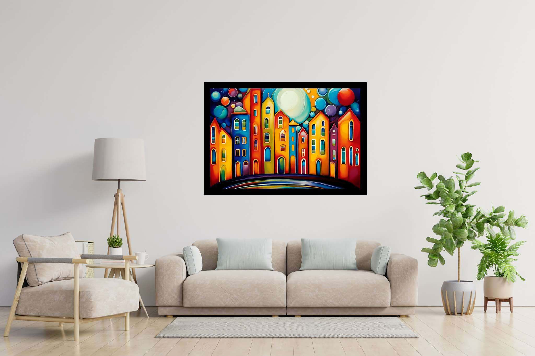 Moonlit metropolis dreams: Cityscape art with city life art, in a room with minimalist approach, mural artworks, and home furnishings. The art can be printed on poster, framed poster, canvas, metal, acrylic or wood, exclusively at WallArtZen. Find this exact print at https://wallartzen.com/waz11