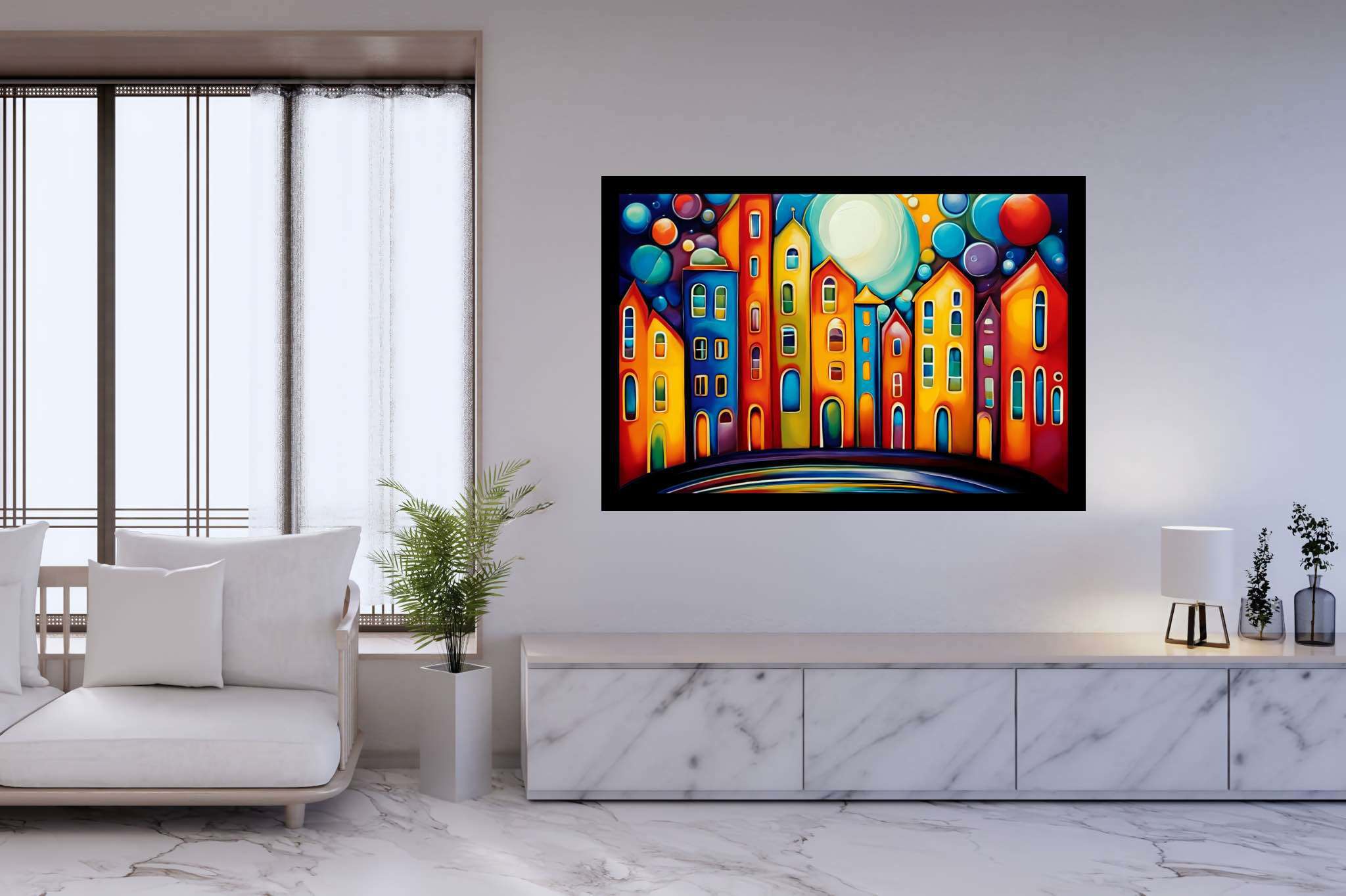 Moonlit metropolis dreams: Cityscape art with city life art, in a room with contemporary flair, photographic wall art, and stylish accessories. The art can be printed on poster, framed poster, canvas, metal, acrylic or wood, exclusively at WallArtZen. Find this exact print at https://wallartzen.com/waz11