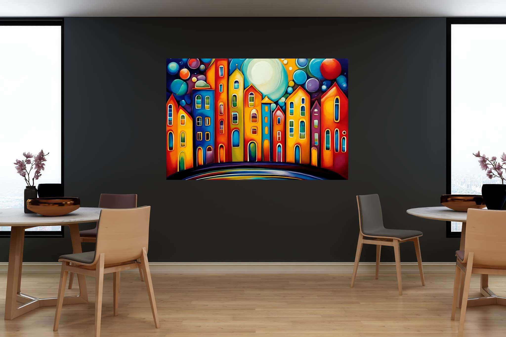 Moonlit metropolis dreams: Cityscape art with city art, in a room with great design, photographic wall art, and luxe decor. The art can be printed on poster, framed poster, canvas, metal, acrylic or wood, exclusively at WallArtZen. Find this exact print at https://wallartzen.com/waz11