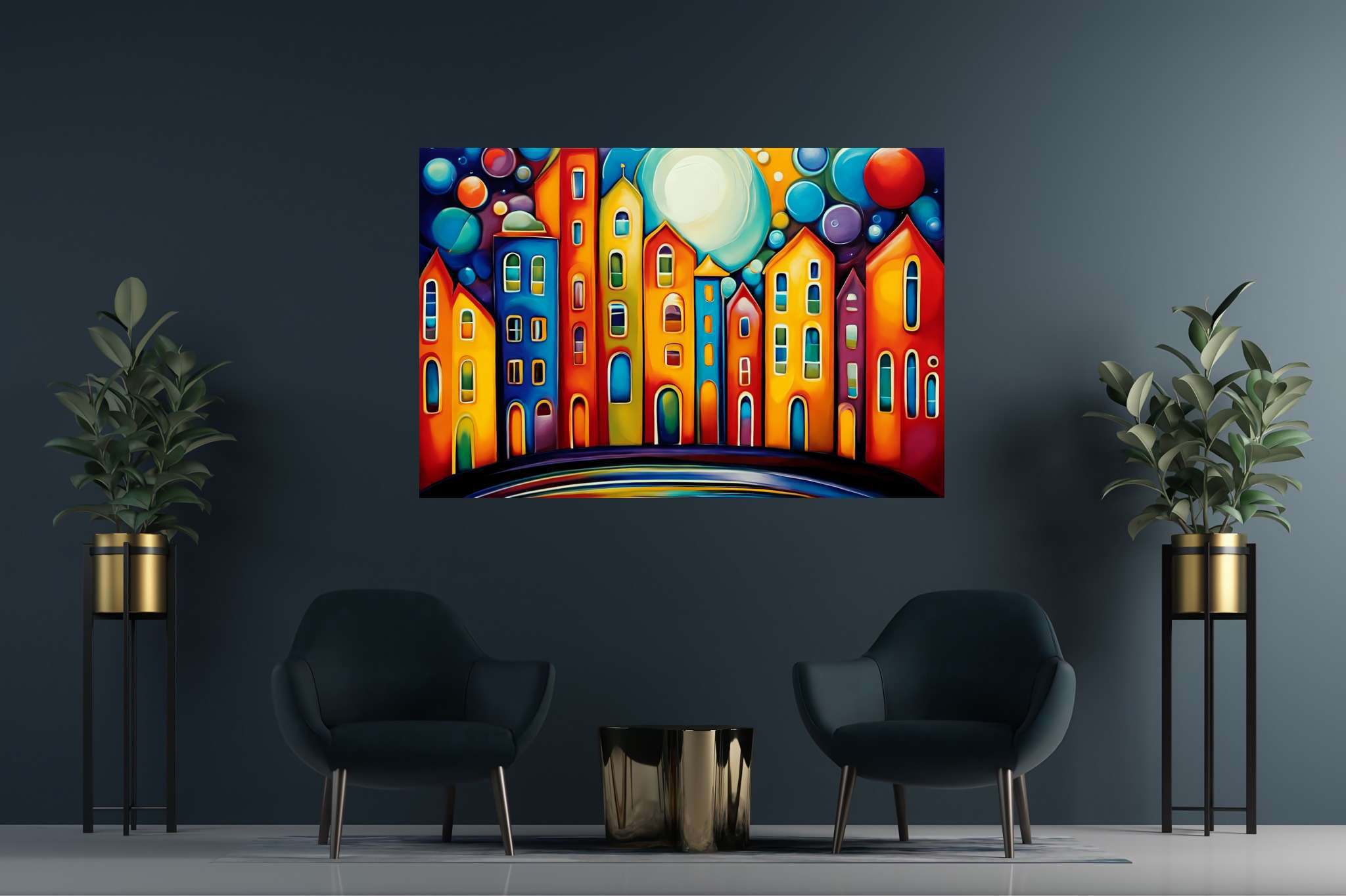 Moonlit metropolis dreams: Cityscape art with urban art, in a room with modern style, photographic wall art, and home styling items. The art can be printed on poster, framed poster, canvas, metal, acrylic or wood, exclusively at WallArtZen. Find this exact print at https://wallartzen.com/waz11