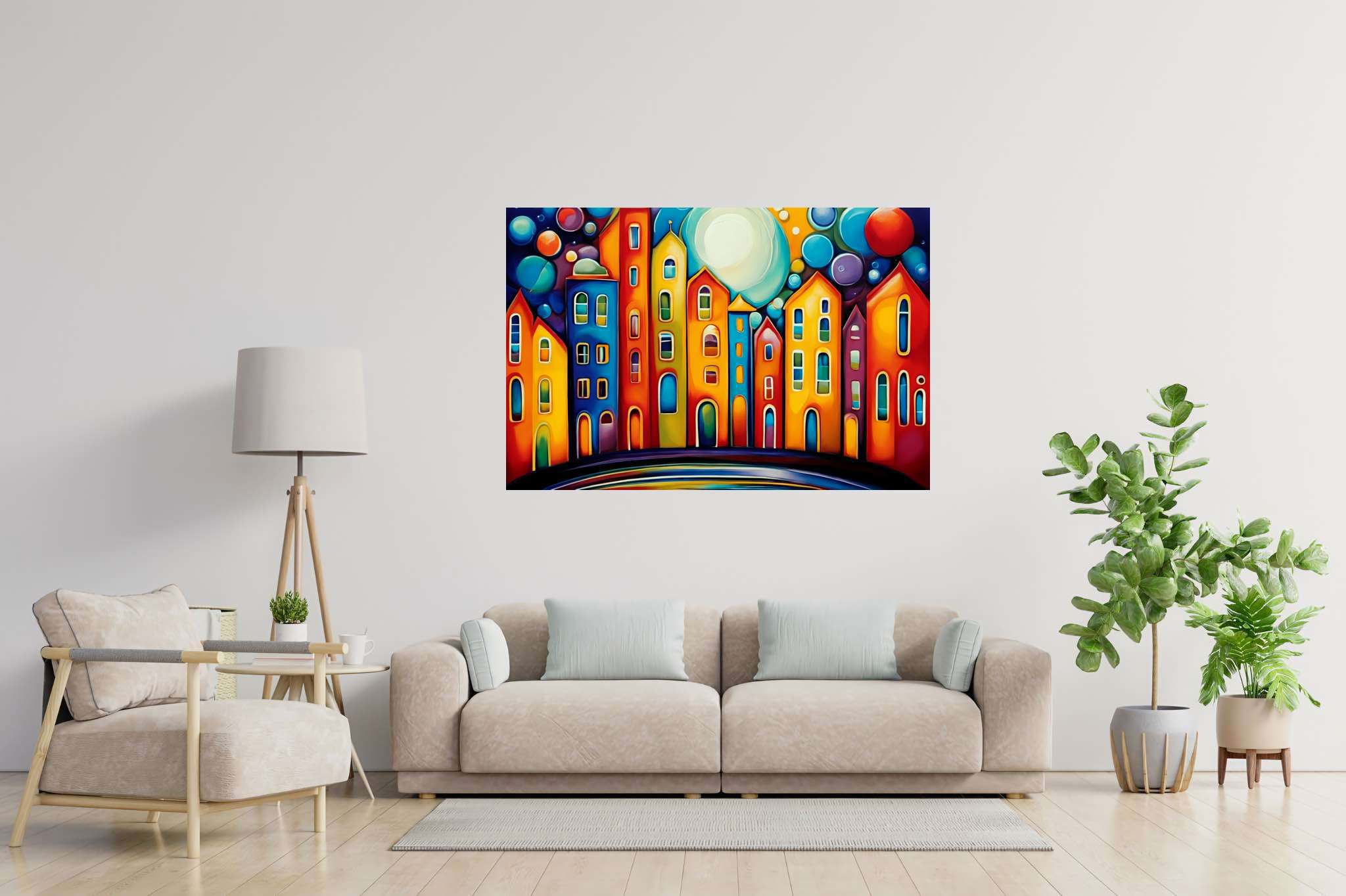 Moonlit metropolis dreams: Cityscape art with cityscape artwork, in a room with modern style, photographic wall art, and interior decorations. The art can be printed on poster, framed poster, canvas, metal, acrylic or wood, exclusively at WallArtZen. Find this exact print at https://wallartzen.com/waz11