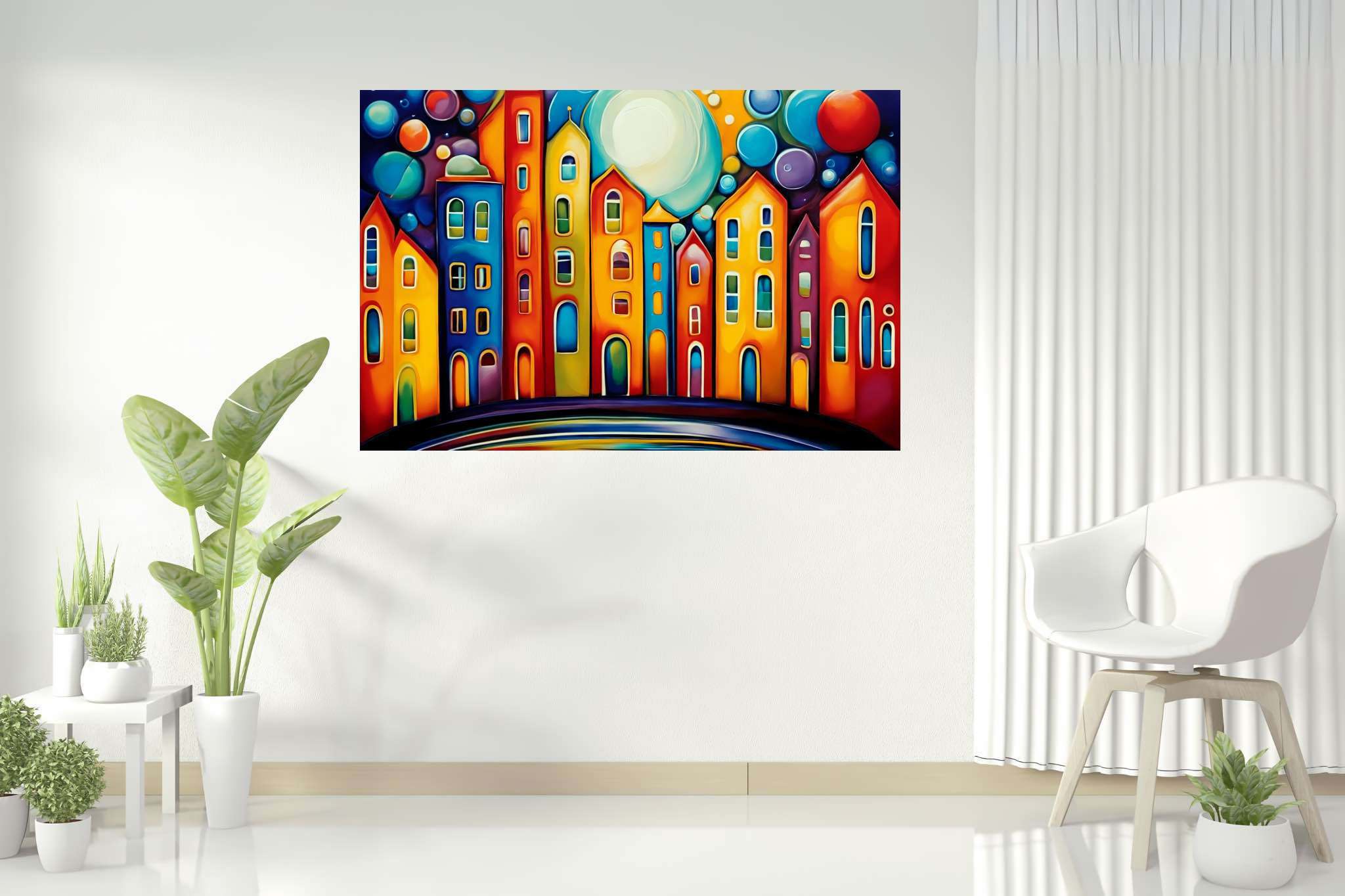 Moonlit metropolis dreams: Cityscape art with cityscape art, in a room with minimalist approach, wall hangings, and designer furniture. The art can be printed on poster, framed poster, canvas, metal, acrylic or wood, exclusively at WallArtZen. Find this exact print at https://wallartzen.com/waz11