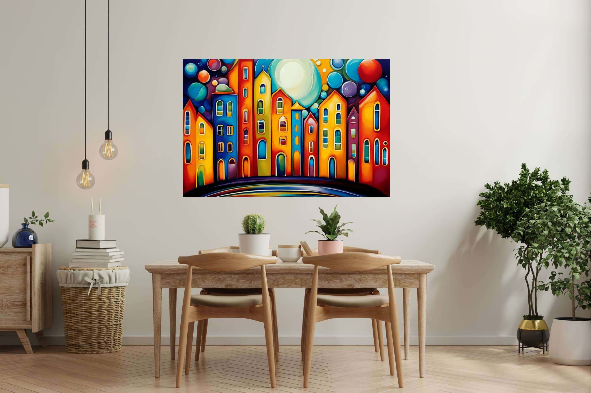 Moonlit metropolis dreams: Cityscape art with modern cityscape, in a room with great design, wall art, and stylish accessories. The art can be printed on poster, framed poster, canvas, metal, acrylic or wood, exclusively at WallArtZen. Find this exact print at https://wallartzen.com/waz11