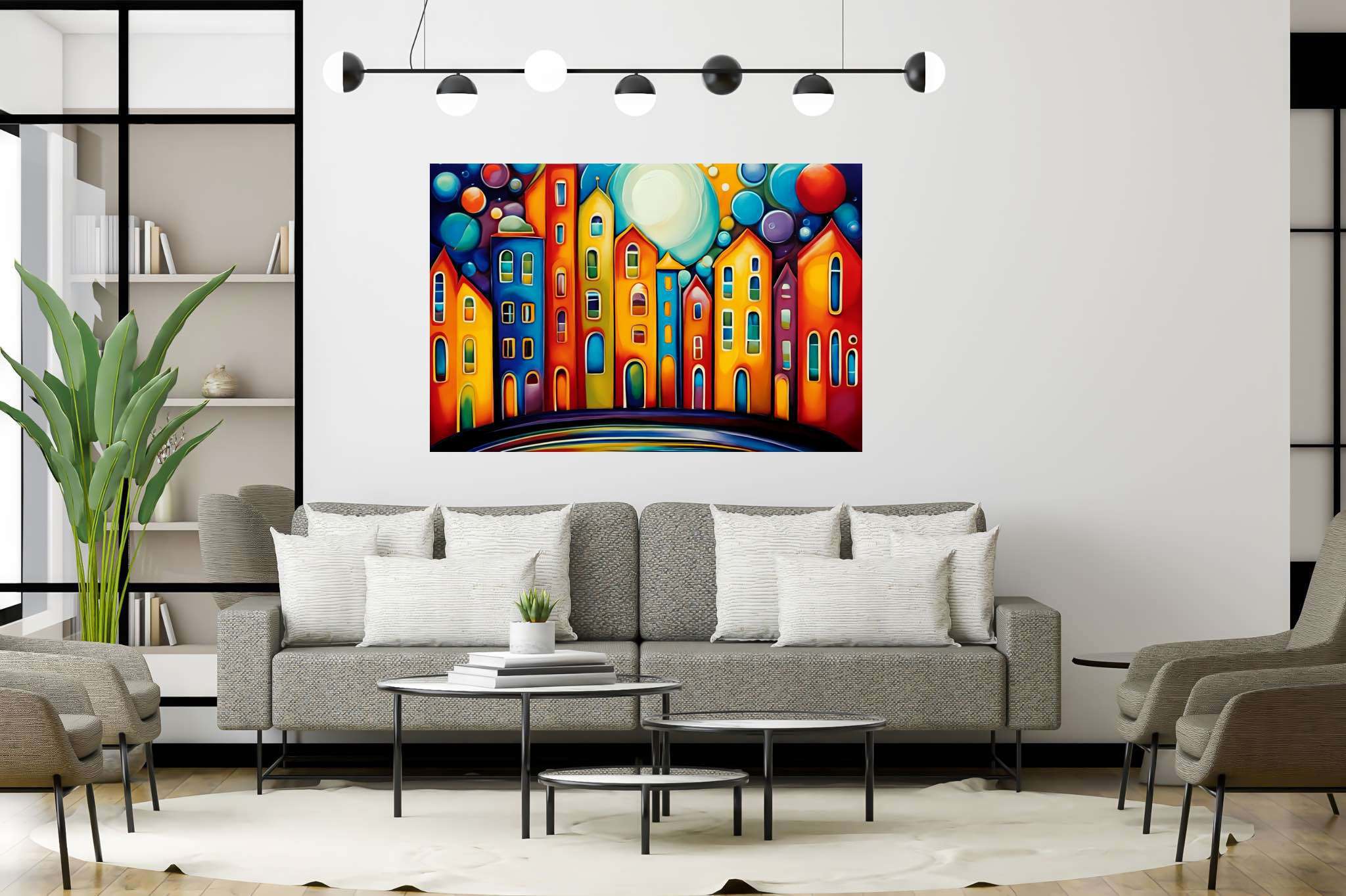 Moonlit metropolis dreams: Cityscape art with cityscape artwork, in a room with modern style, framed art, and stylish accessories. The art can be printed on poster, framed poster, canvas, metal, acrylic or wood, exclusively at WallArtZen. Find this exact print at https://wallartzen.com/waz11