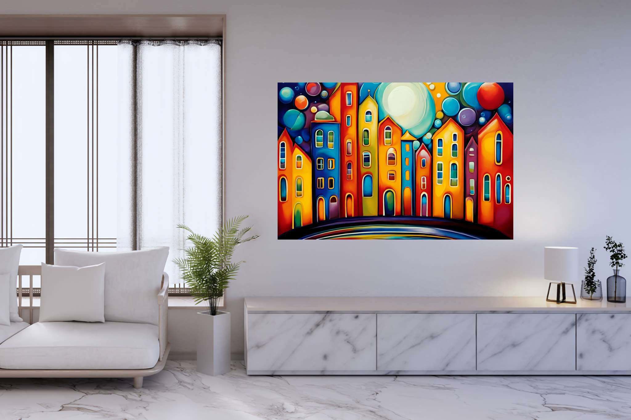 Moonlit metropolis dreams: Cityscape art with cityscape prints, in a room with contemporary flair, mural artworks, and home furnishings. The art can be printed on poster, framed poster, canvas, metal, acrylic or wood, exclusively at WallArtZen. Find this exact print at https://wallartzen.com/waz11