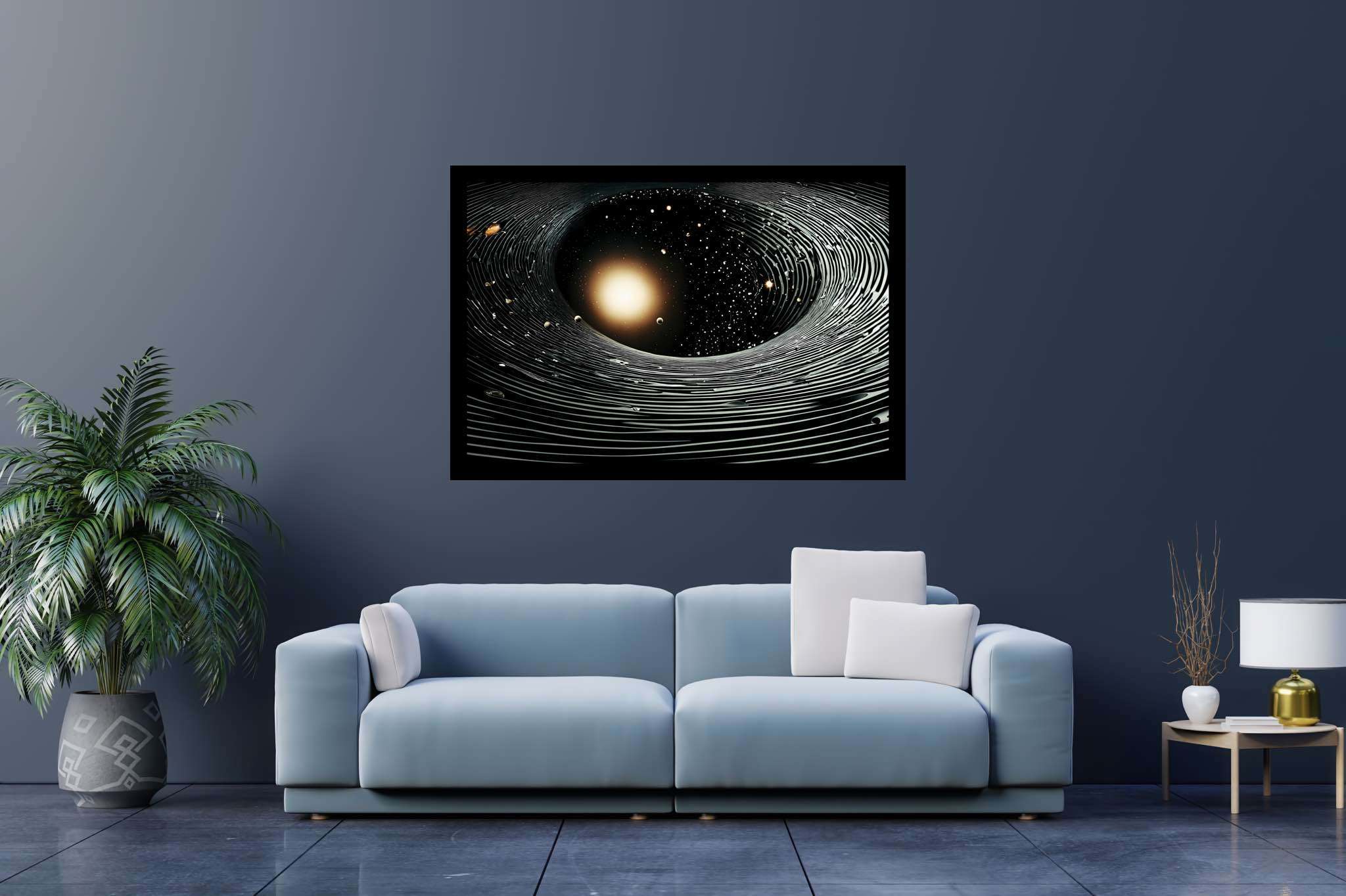 Stardust enigma: Stunning black hole art with captivating space depictions, in a room with urban design, bespoke art designs, and trendy home accents. The art can be printed on poster, framed poster, canvas, metal, acrylic or wood, exclusively at WallArtZen. Find this exact print at https://wallartzen.com/waz120