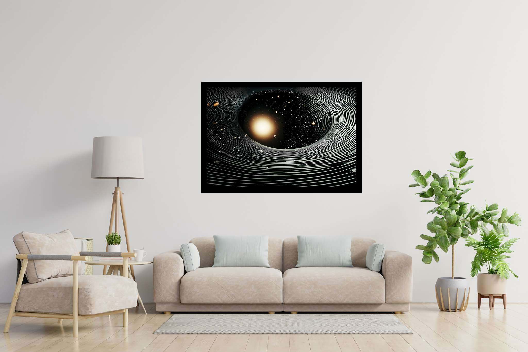 Stardust enigma: Stunning black hole art with breathtaking celestial paintings, in a room with elegant layout, wall hangings, and trendy home accents. The art can be printed on poster, framed poster, canvas, metal, acrylic or wood, exclusively at WallArtZen. Find this exact print at https://wallartzen.com/waz120