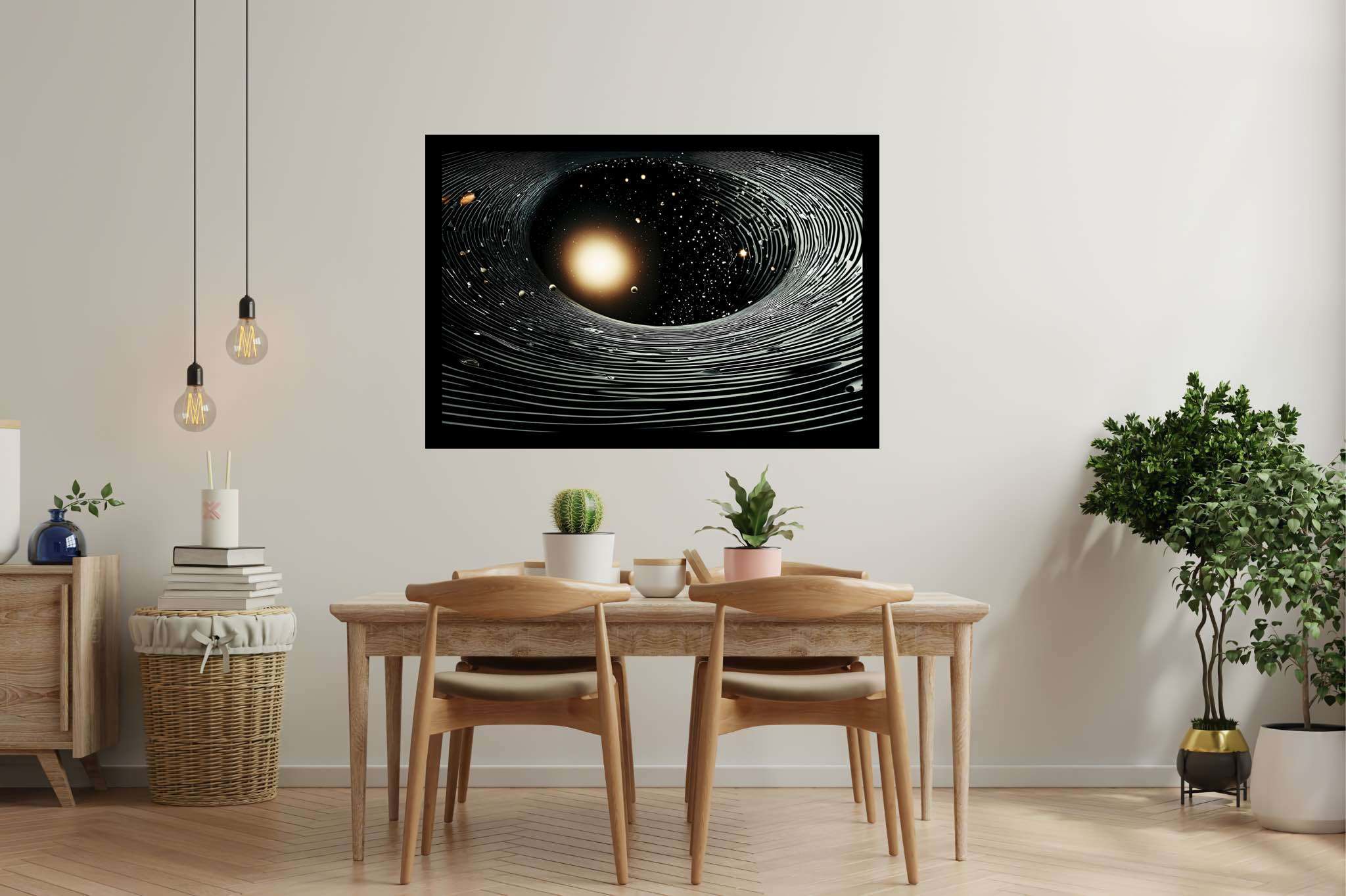 Stardust enigma: Stunning black hole art with space-inspired paintings, in a room with minimalist approach, framed art, and elegant home goods. The art can be printed on poster, framed poster, canvas, metal, acrylic or wood, exclusively at WallArtZen. Find this exact print at https://wallartzen.com/waz120