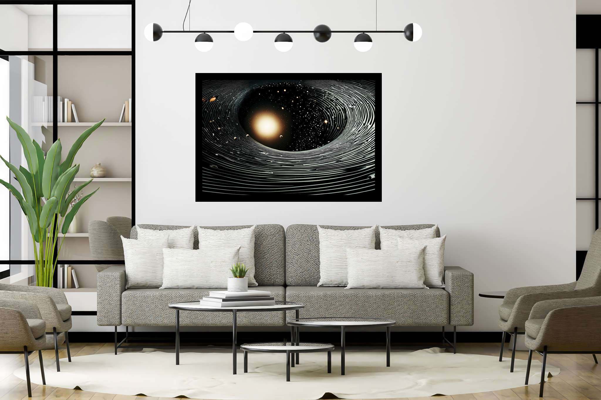 Stardust enigma: Stunning black hole art with galactic illustrations, in a room with artistic style, bespoke art designs, and designer furniture. The art can be printed on poster, framed poster, canvas, metal, acrylic or wood, exclusively at WallArtZen. Find this exact print at https://wallartzen.com/waz120
