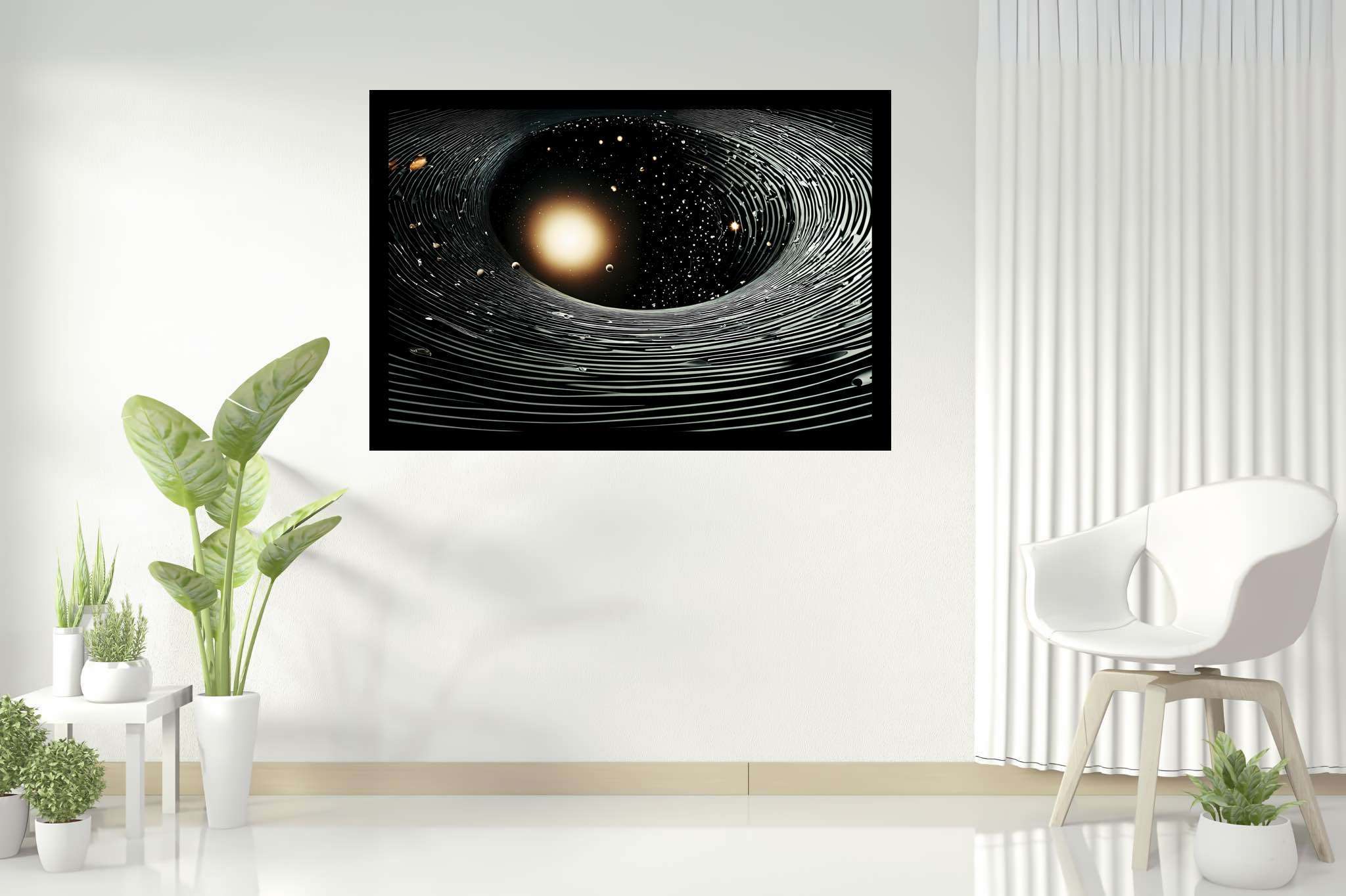 Stardust enigma: Stunning black hole art with space-inspired paintings, in a room with classic elegance, canvas prints, and luxe decor. The art can be printed on poster, framed poster, canvas, metal, acrylic or wood, exclusively at WallArtZen. Find this exact print at https://wallartzen.com/waz120