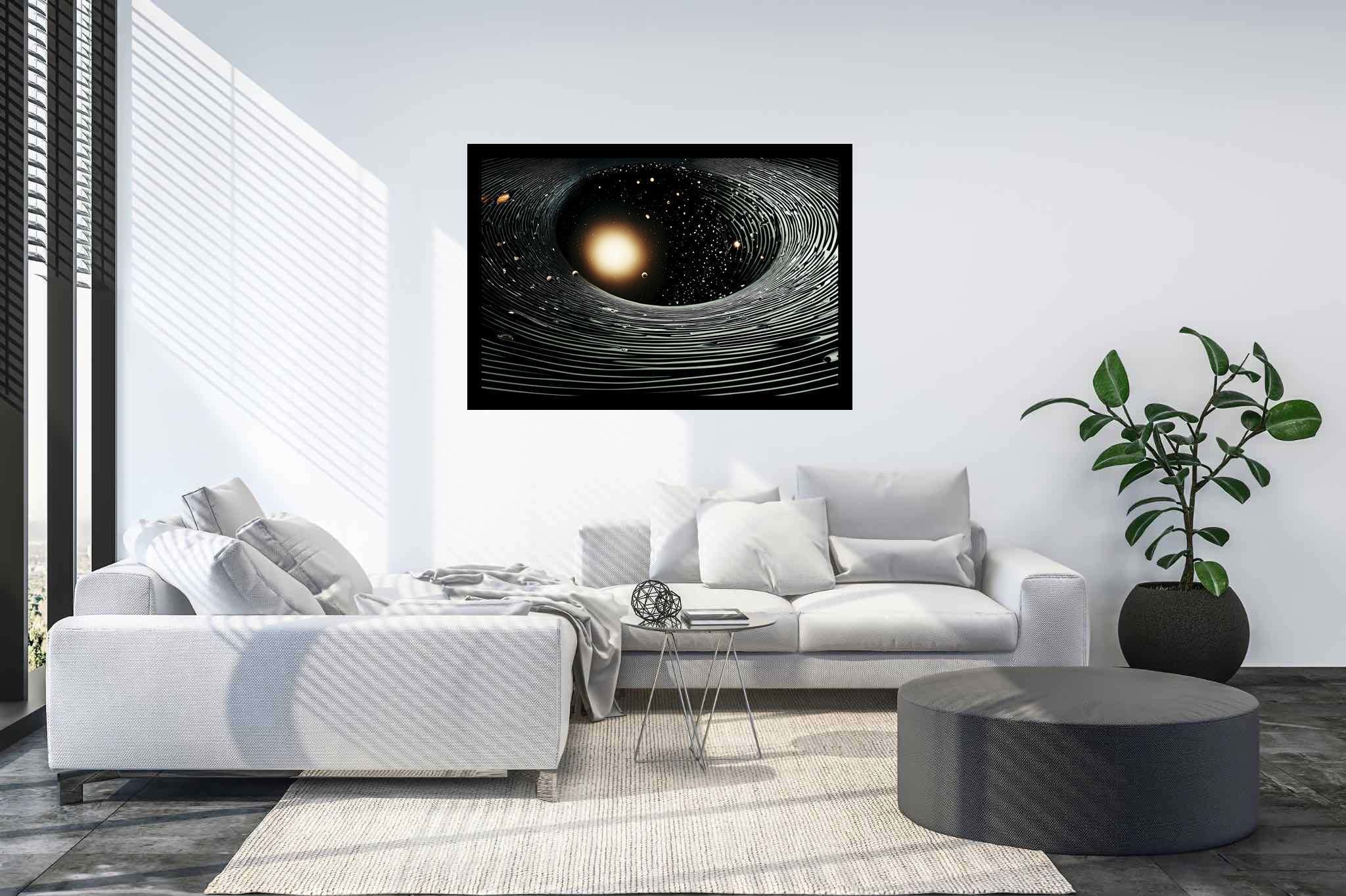 Stardust enigma: Stunning black hole art with interstellar visuals, in a room with classic elegance, abstract paintings, and designer furniture. The art can be printed on poster, framed poster, canvas, metal, acrylic or wood, exclusively at WallArtZen. Find this exact print at https://wallartzen.com/waz120