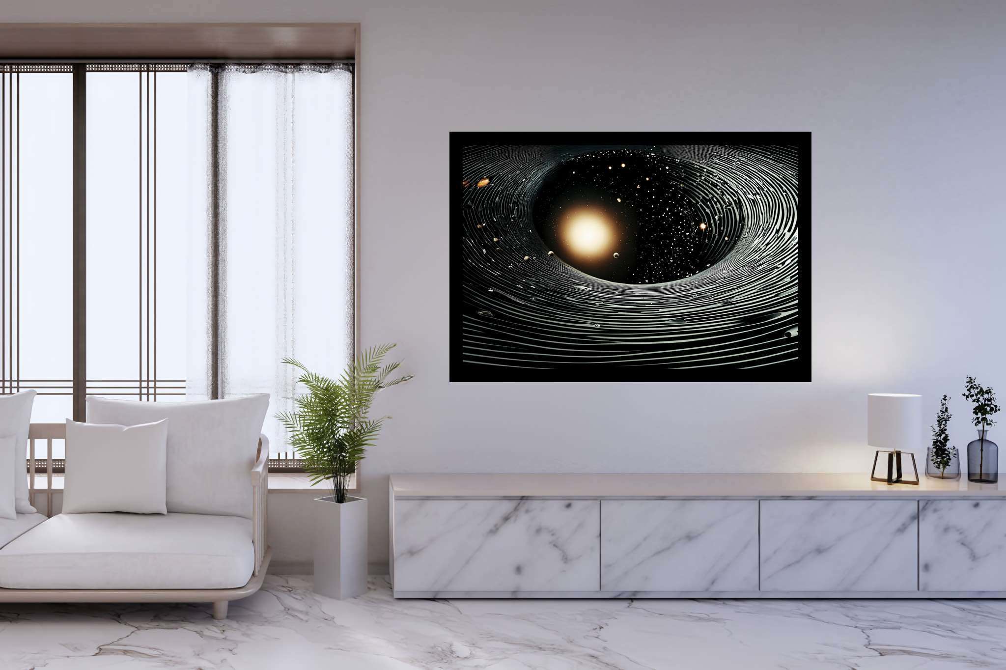 Stardust enigma: Stunning black hole art with stunning astronomical illustrations, in a room with great design, abstract paintings, and designer furniture. The art can be printed on poster, framed poster, canvas, metal, acrylic or wood, exclusively at WallArtZen. Find this exact print at https://wallartzen.com/waz120