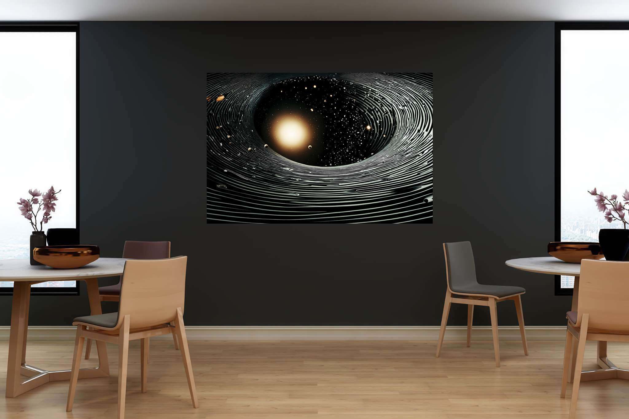 Stardust enigma: Stunning black hole art with celestial artwork, in a room with chic decor, digital art pieces, and artisan decor. The art can be printed on poster, framed poster, canvas, metal, acrylic or wood, exclusively at WallArtZen. Find this exact print at https://wallartzen.com/waz120