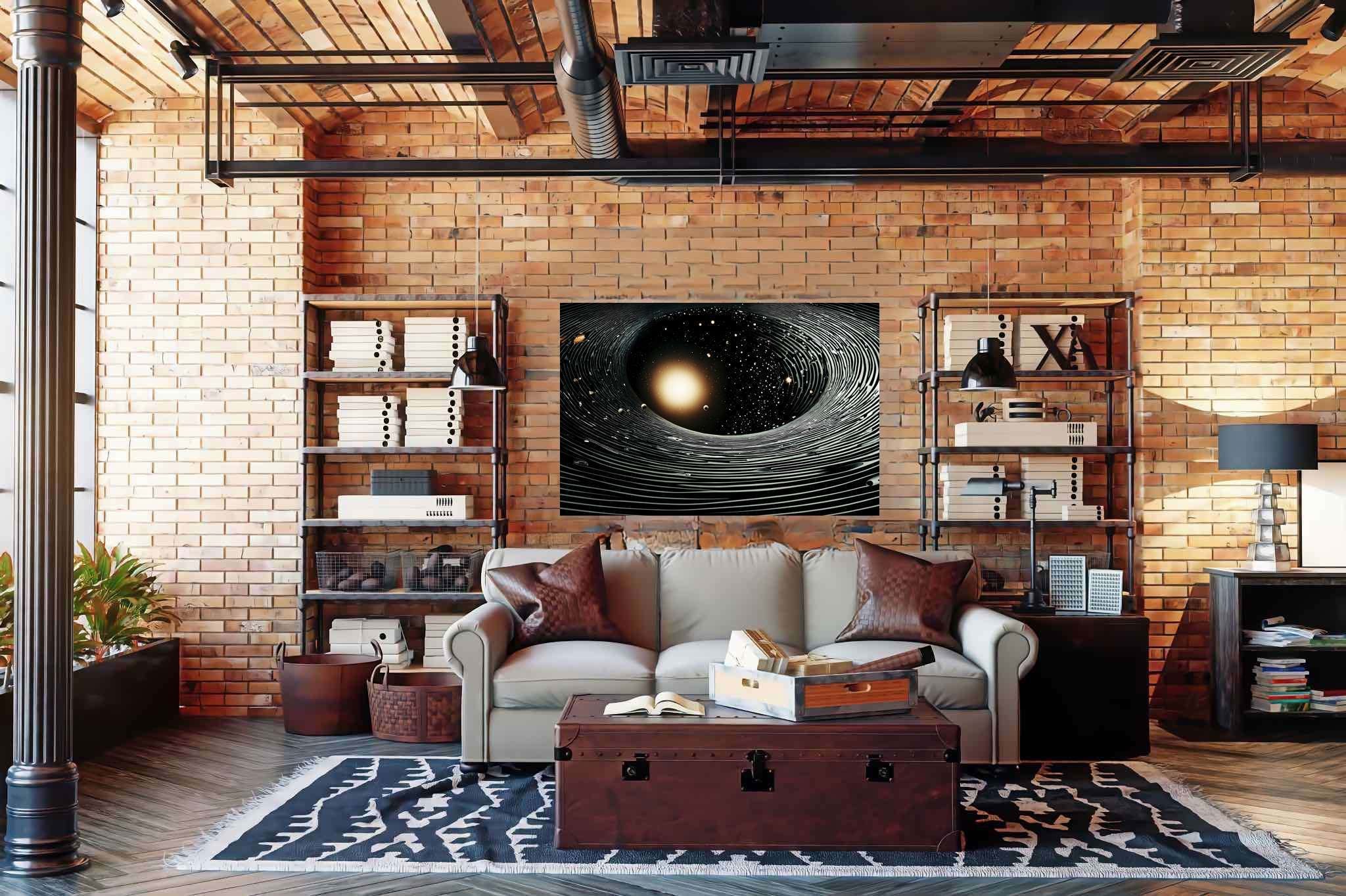Stardust enigma: Stunning black hole art with celestial artwork, in a room with minimalist approach, wall art, and trendy home accents. The art can be printed on poster, framed poster, canvas, metal, acrylic or wood, exclusively at WallArtZen. Find this exact print at https://wallartzen.com/waz120
