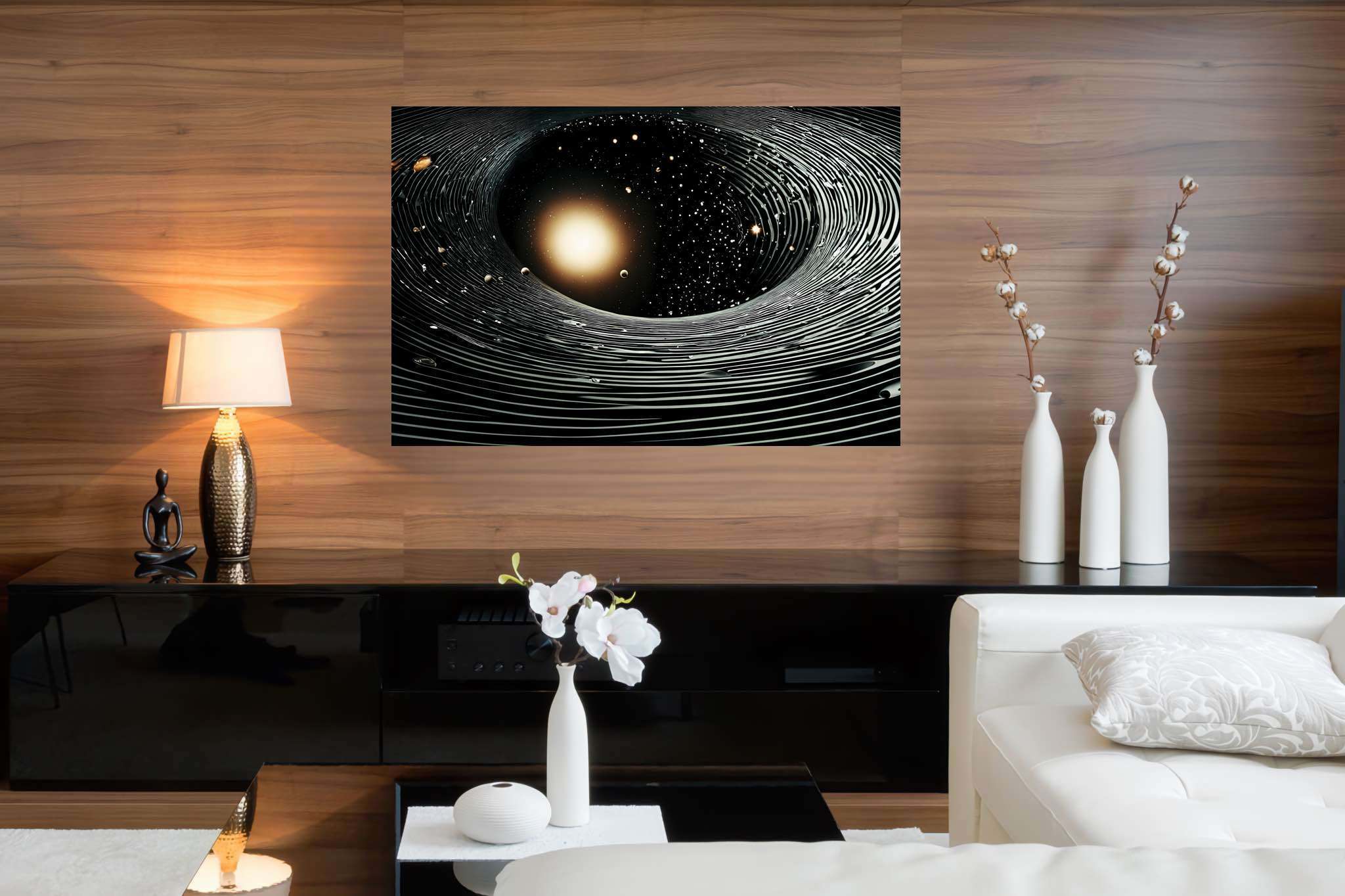 Stardust enigma: Stunning black hole art with stunning astronomical illustrations, in a room with elegant layout, framed art, and designer furniture. The art can be printed on poster, framed poster, canvas, metal, acrylic or wood, exclusively at WallArtZen. Find this exact print at https://wallartzen.com/waz120